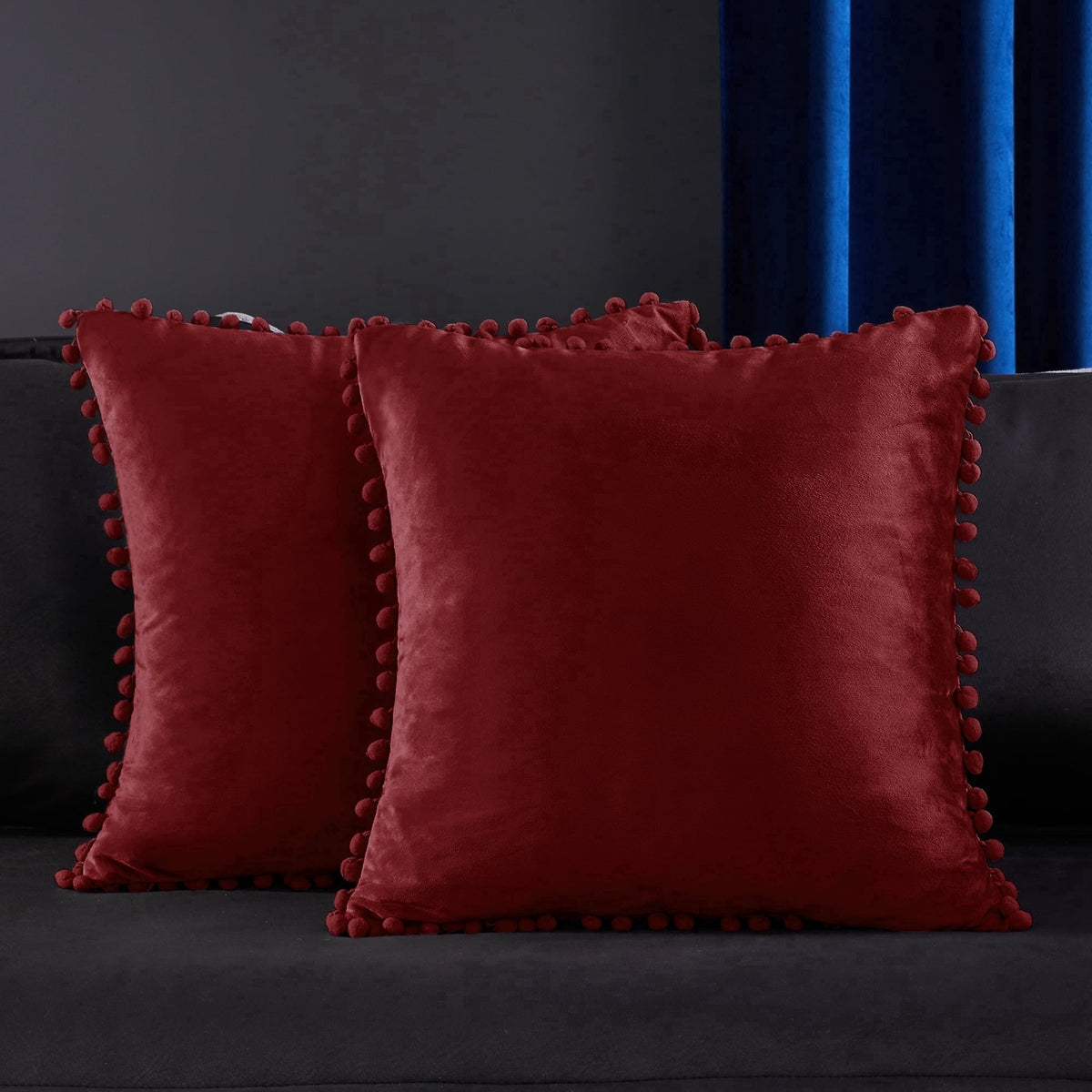 Deconovo Velvet Pom Pom Throw Pillow Covers, 2 Pack - Dark Red, 26 x 26