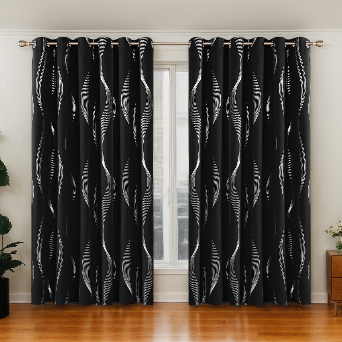 Deconovo Silver Wave Line Foil Print Grommet Blackout Curtains, 2 Panels - Black, 66 x 84