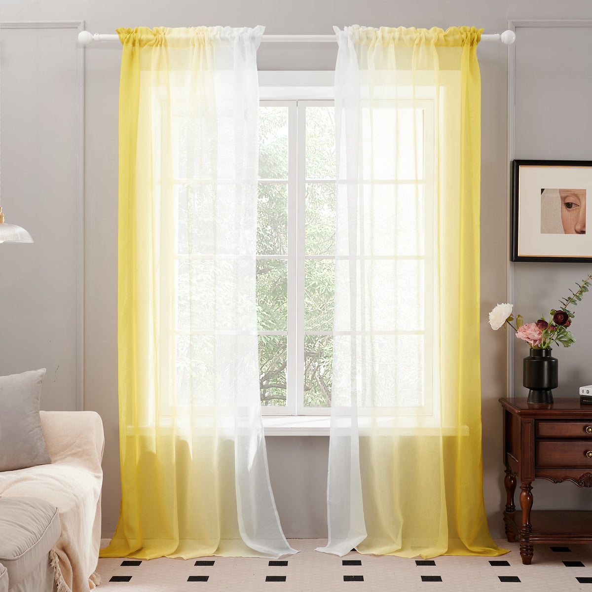 Deconovo Ombre Semi Sheer Rod Pocket Curtains, 2 Panels - Symmetrical-yellow, 52 x 84