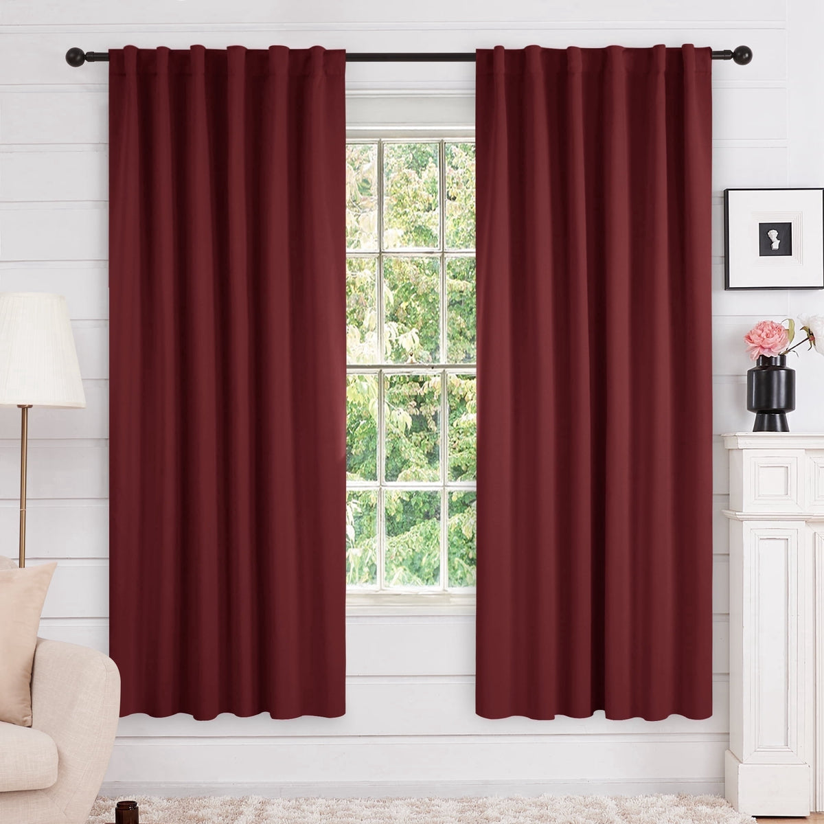 Deconovo Solid Blackout Back Tab and Rod Pocket Curtains, 2 Panels - Burgundy Red, 52 x 72