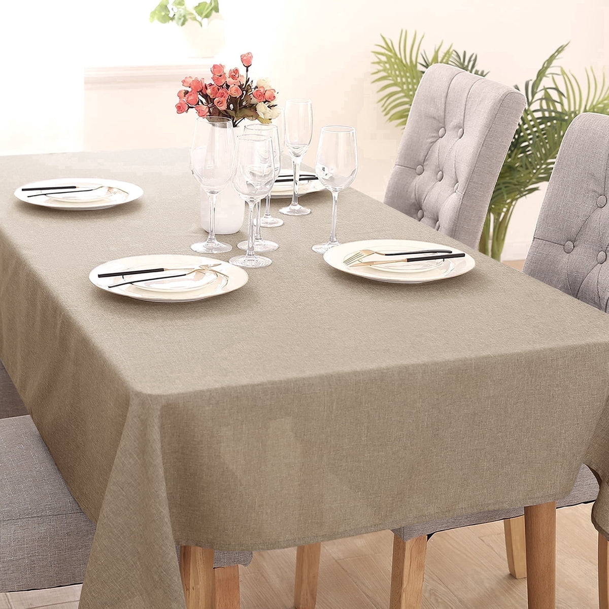 Deconovo Linen Look Tablecloth, Square and Rectangular Sizes - Khaki, 54 x 120