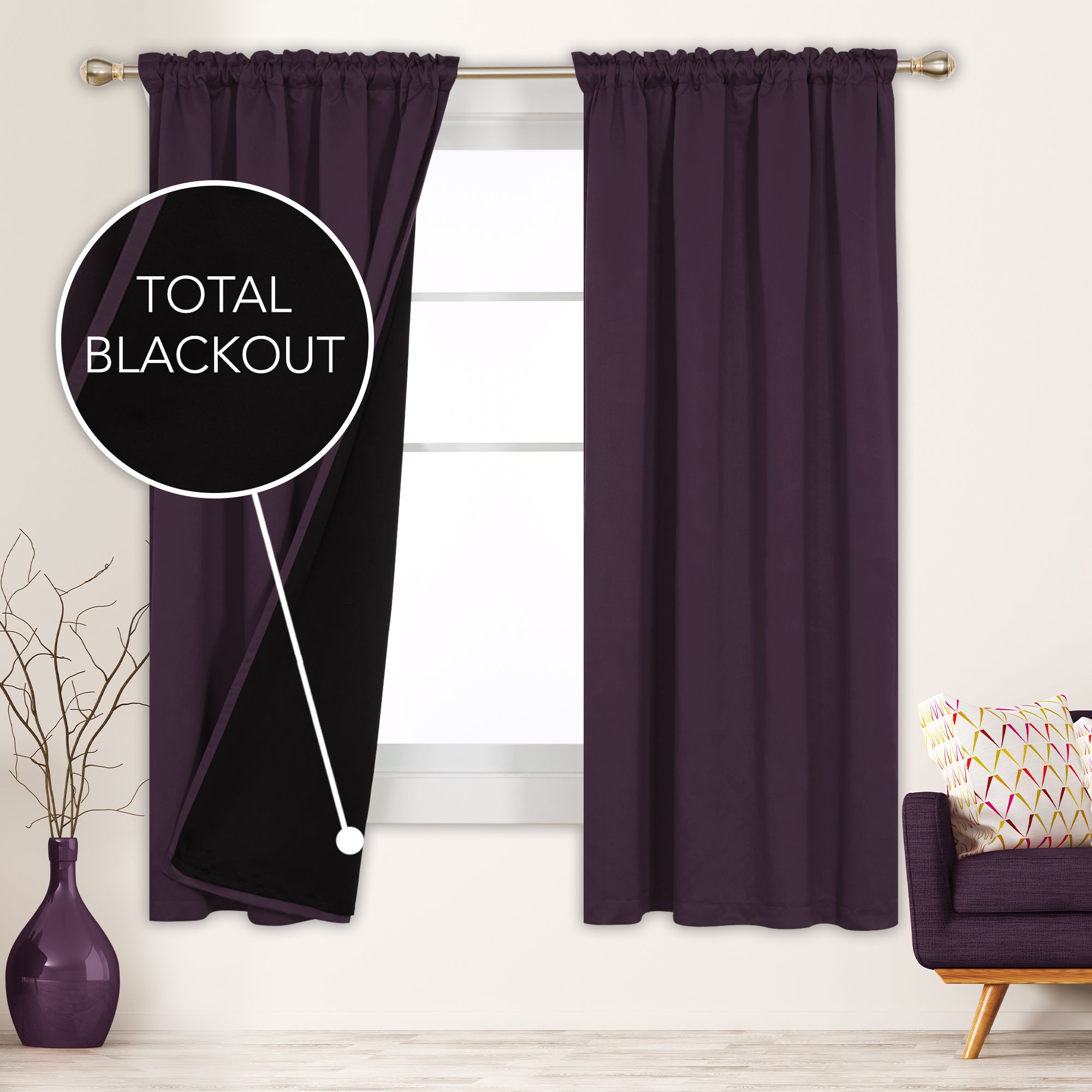 Deconovo ModernLuxury 100% Full BlackOut SatinRodCurtains For LivingRoom or BedRoom 2Panels