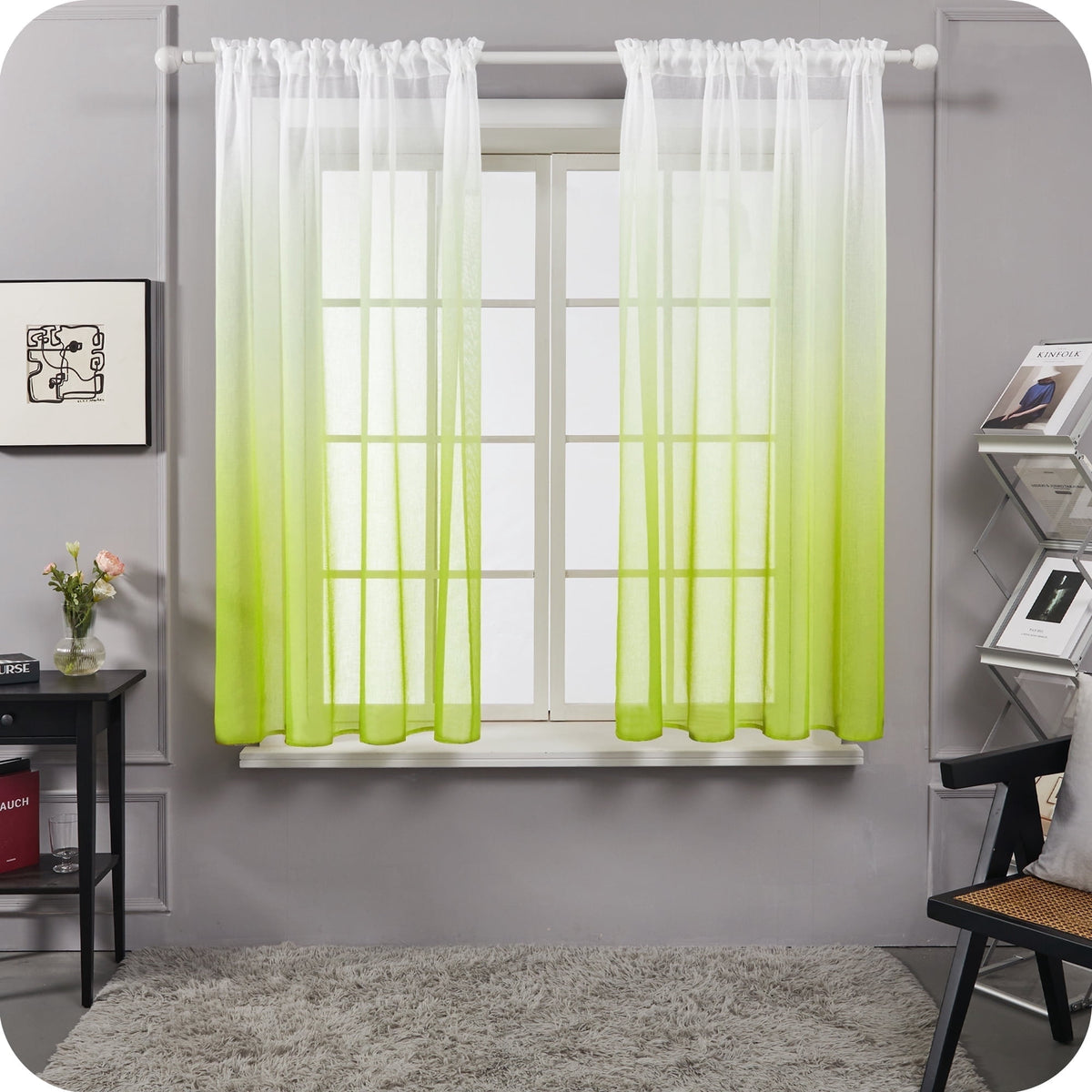 Deconovo Ombre Rod Pocket Sheer Curtains, 2 Panels - Fruit Green, 52 x 63