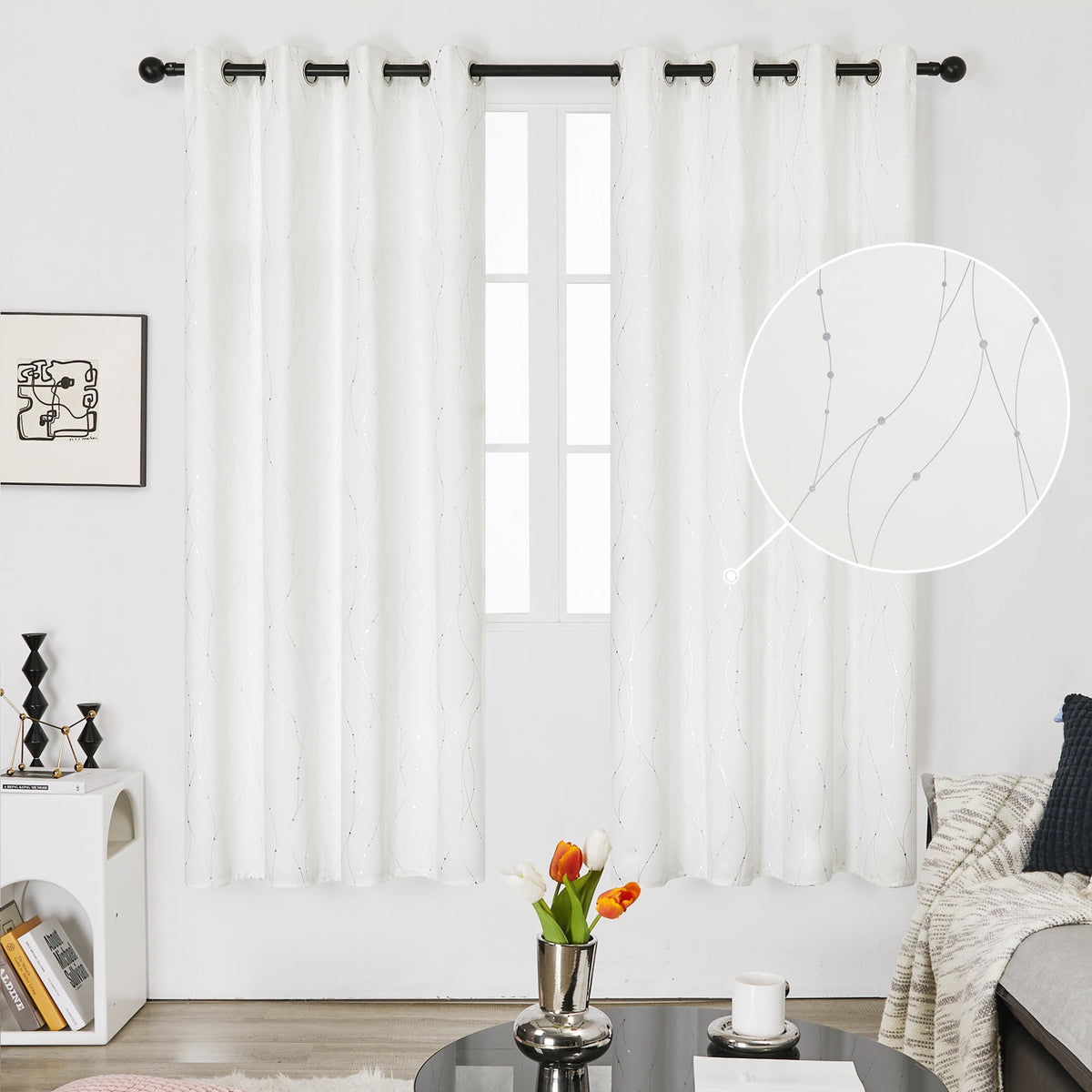 Deconovo Silver Wave Line and Dots Print Blackout Curtains, 2 Panels - Pure White, 52 x 63