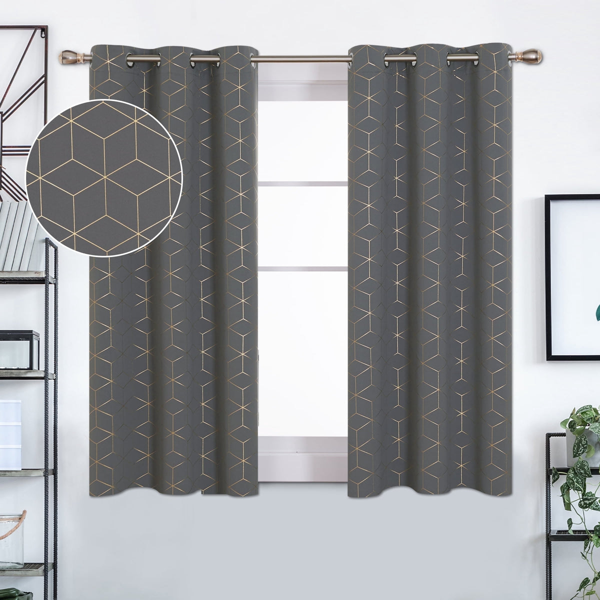 Deconovo Gold Diamond Print Grommet Blackout Curtains, 2 Panels - Light Gray, 42 x 54