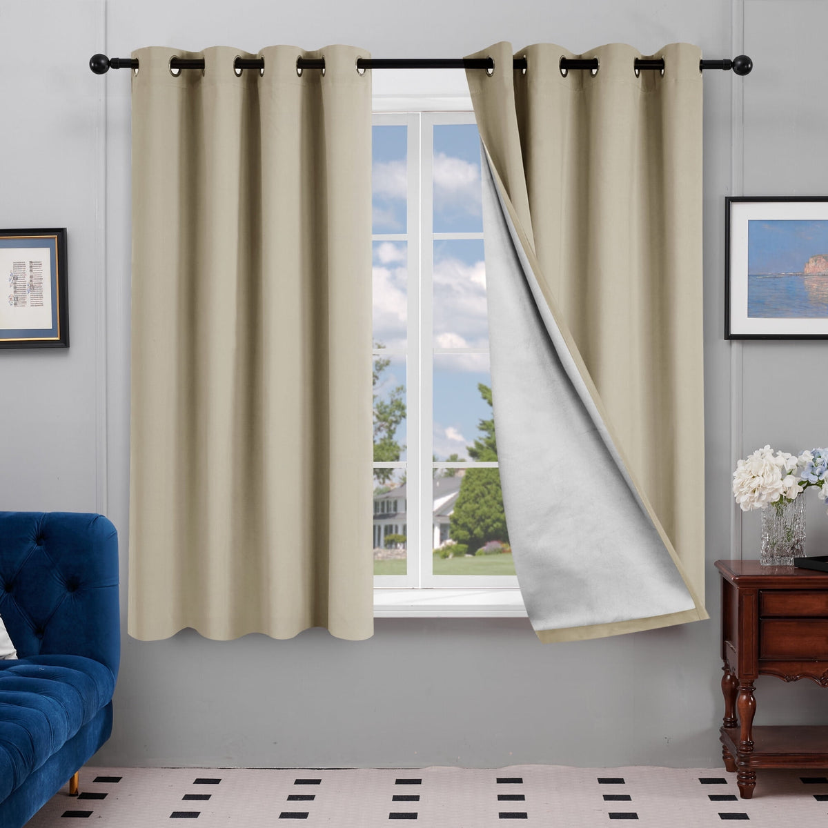 Deconovo Silver Back Coating Grommet Blackout Curtains, 2 Panels - Beige, 52 x 63
