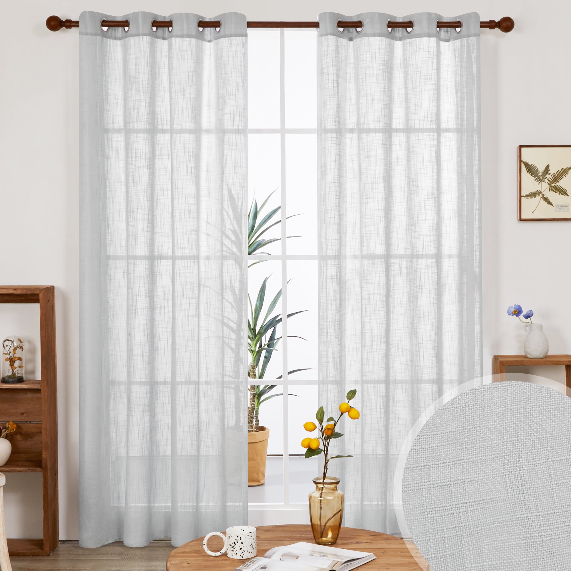 Deconovo Faux Linen Sheer Curtain Panels (2-Pack) – Light Filtering, Grommet Top