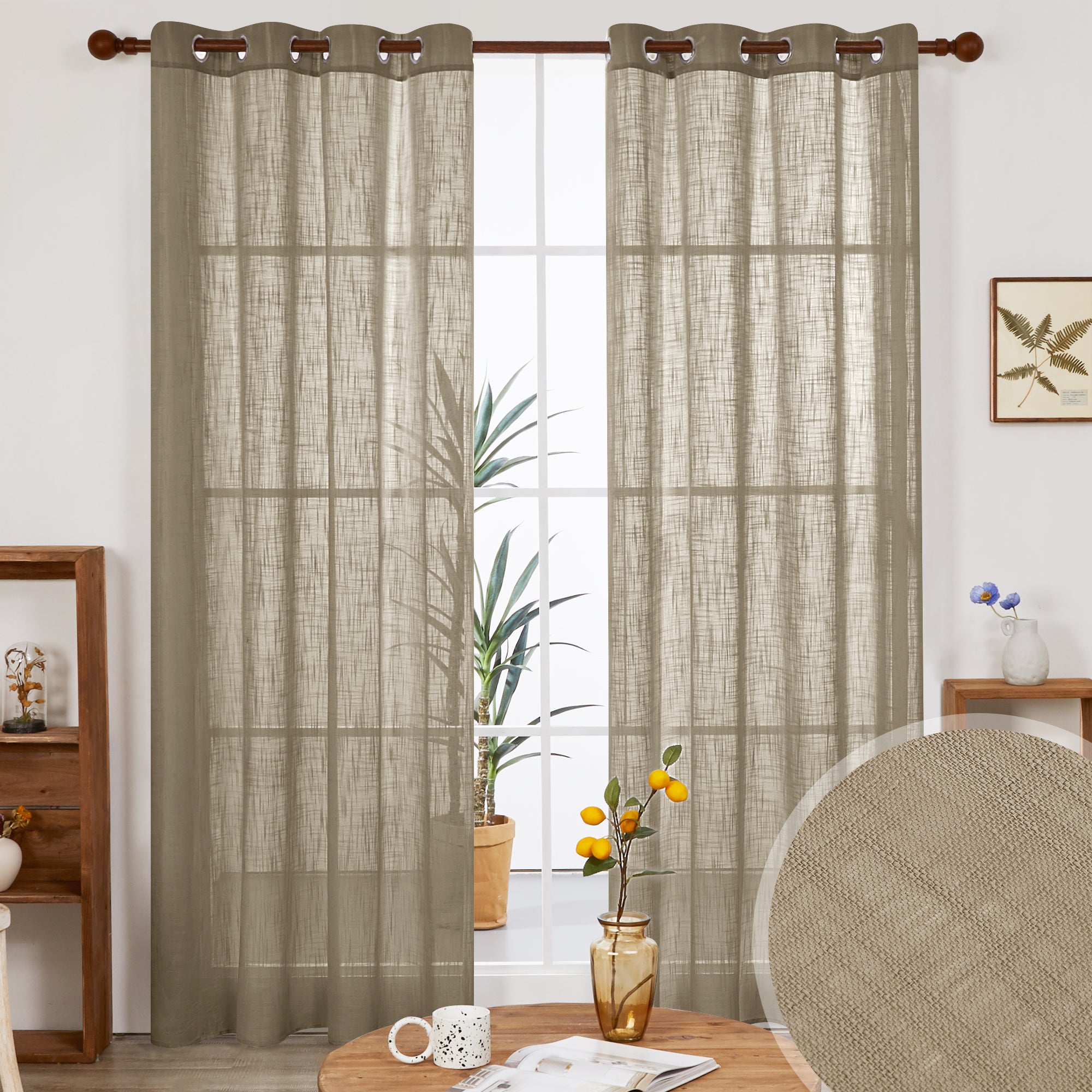 Deconovo Faux Linen Sheer Curtain Panels (2-Pack) – Light Filtering, Grommet Top