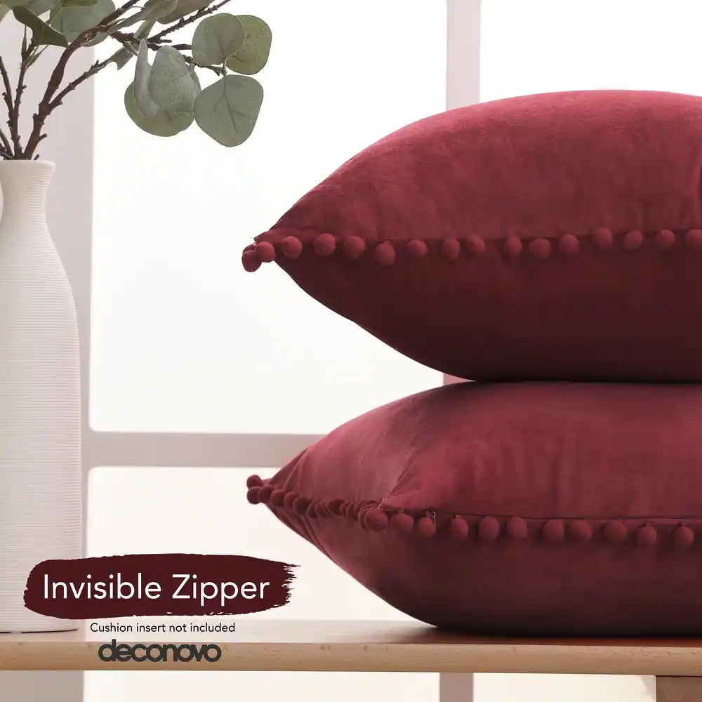 Deconovo Velvet Pom Pom Trim Throw Pillow Cover Set with Hidden Zipper, 2 Pack