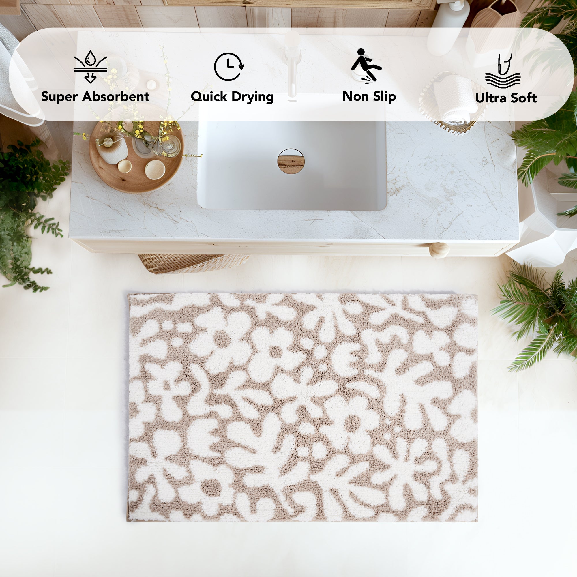 Deconovo Non-Slip Flower Pattern Tufted Bathroom Mat, Machine Washable
