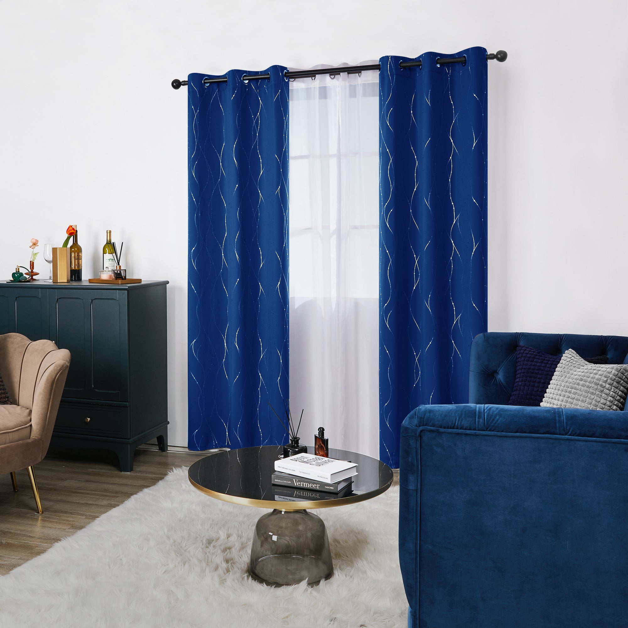 Deconovo Wave Line with Dots Blackout Curtains, 42-Inch Wide, 2 Panels
