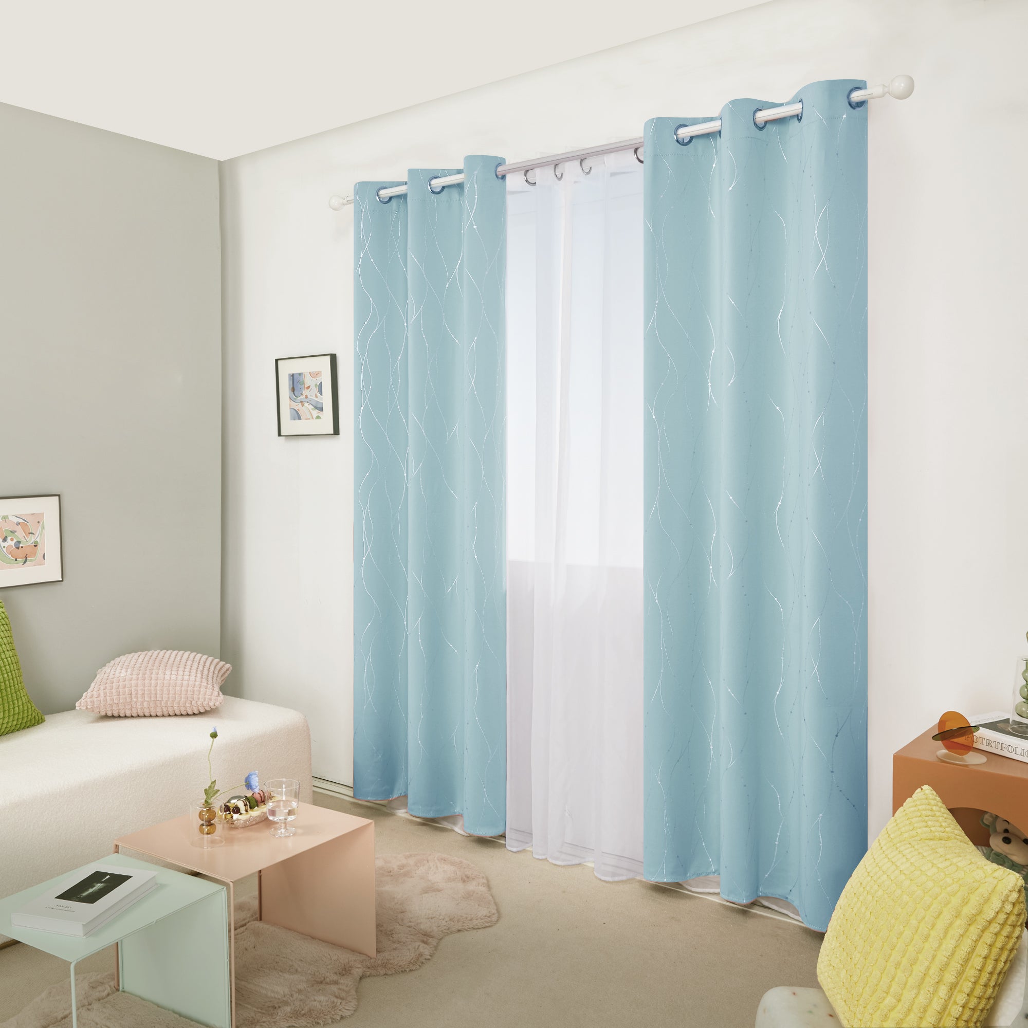 Deconovo Wave Line with Dots Blackout Curtains, 42-Inch Wide, 2 Panels