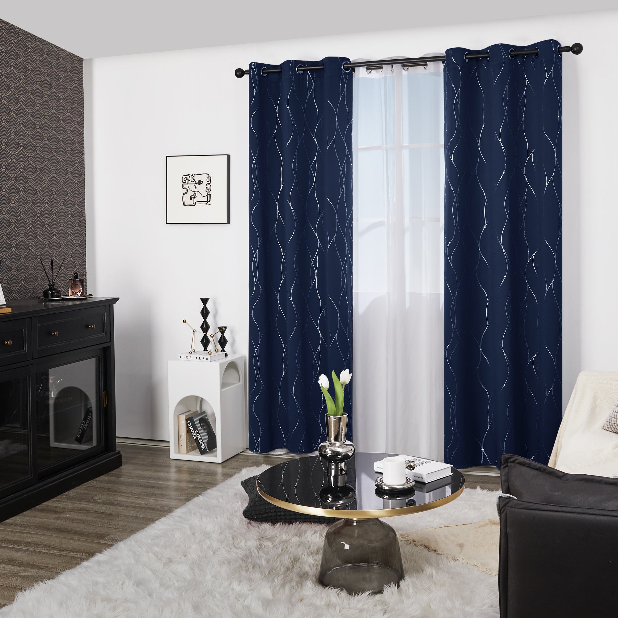 Deconovo Wave Line with Dots Blackout Curtains, 42-Inch Wide, 2 Panels