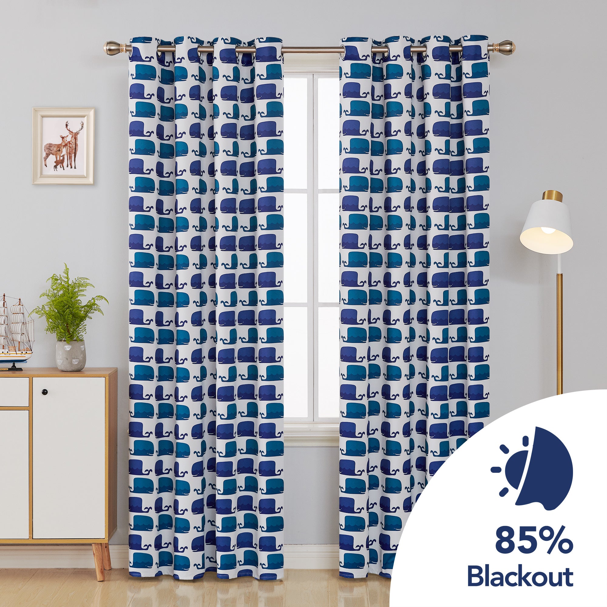 Deconovo Whale Print Blackout Curtains – Thermal Insulated, 2 Panels