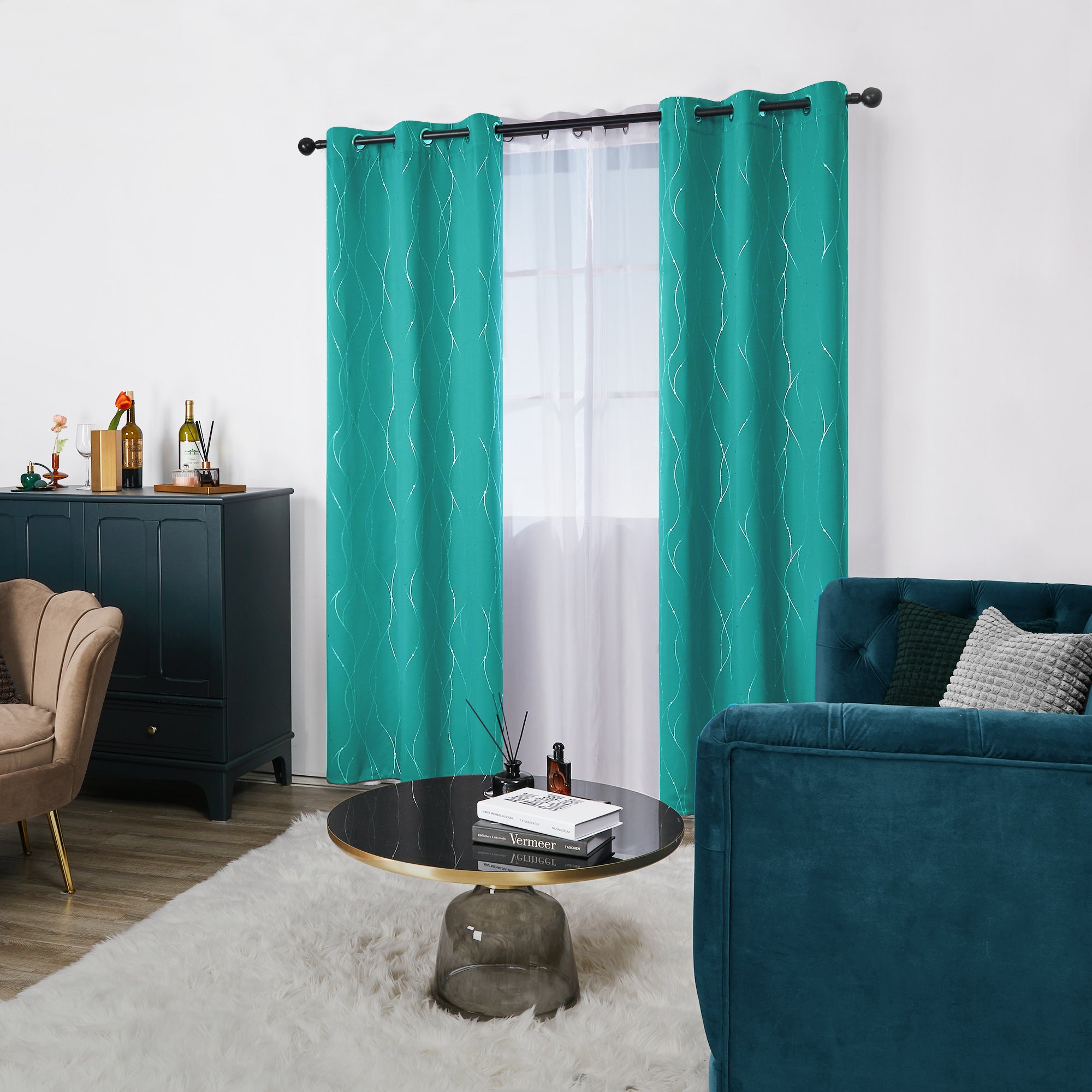 Deconovo Wave Line with Dots Blackout Curtains, 42-Inch Wide, 2 Panels