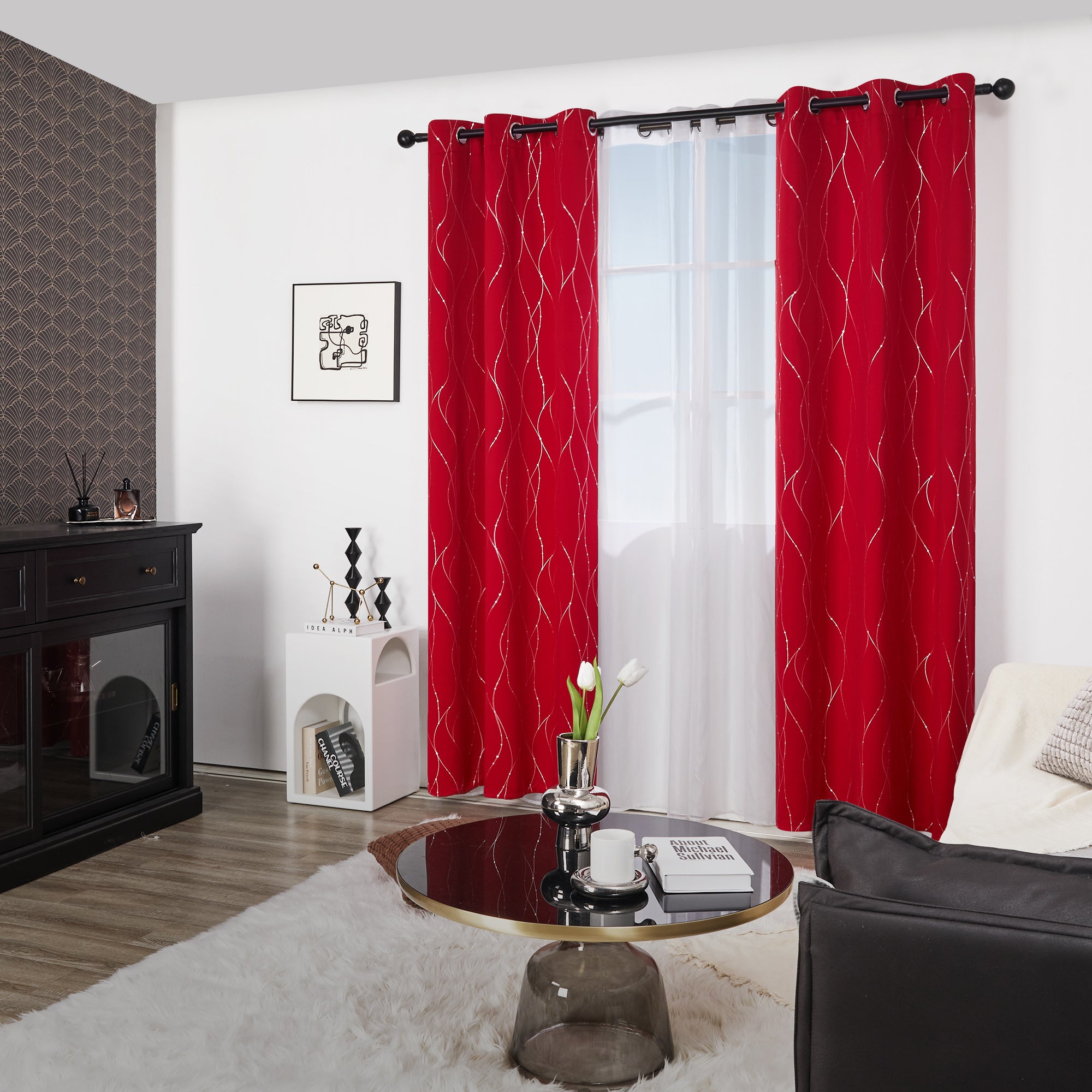 Deconovo Wave Line with Dots Blackout Curtains, 42-Inch Wide, 2 Panels