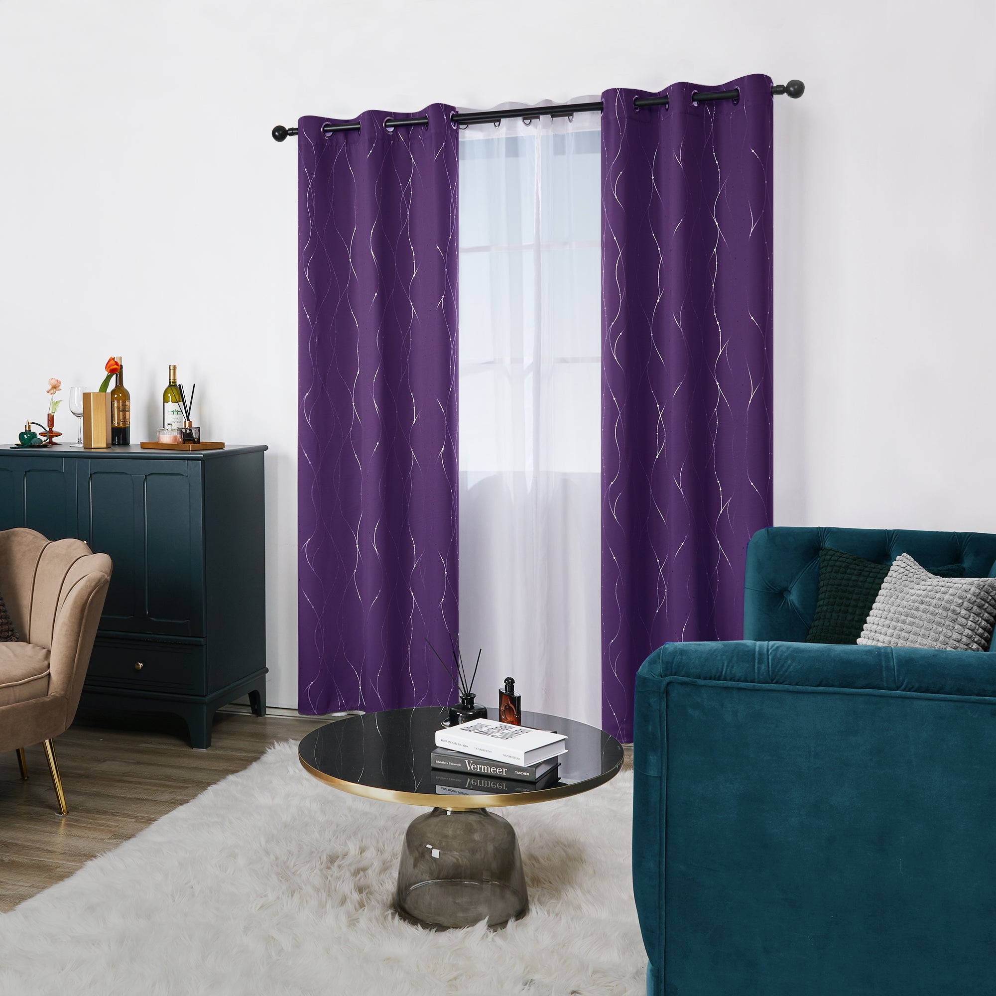 Deconovo Wave Line with Dots Blackout Curtains, 42-Inch Wide, 2 Panels