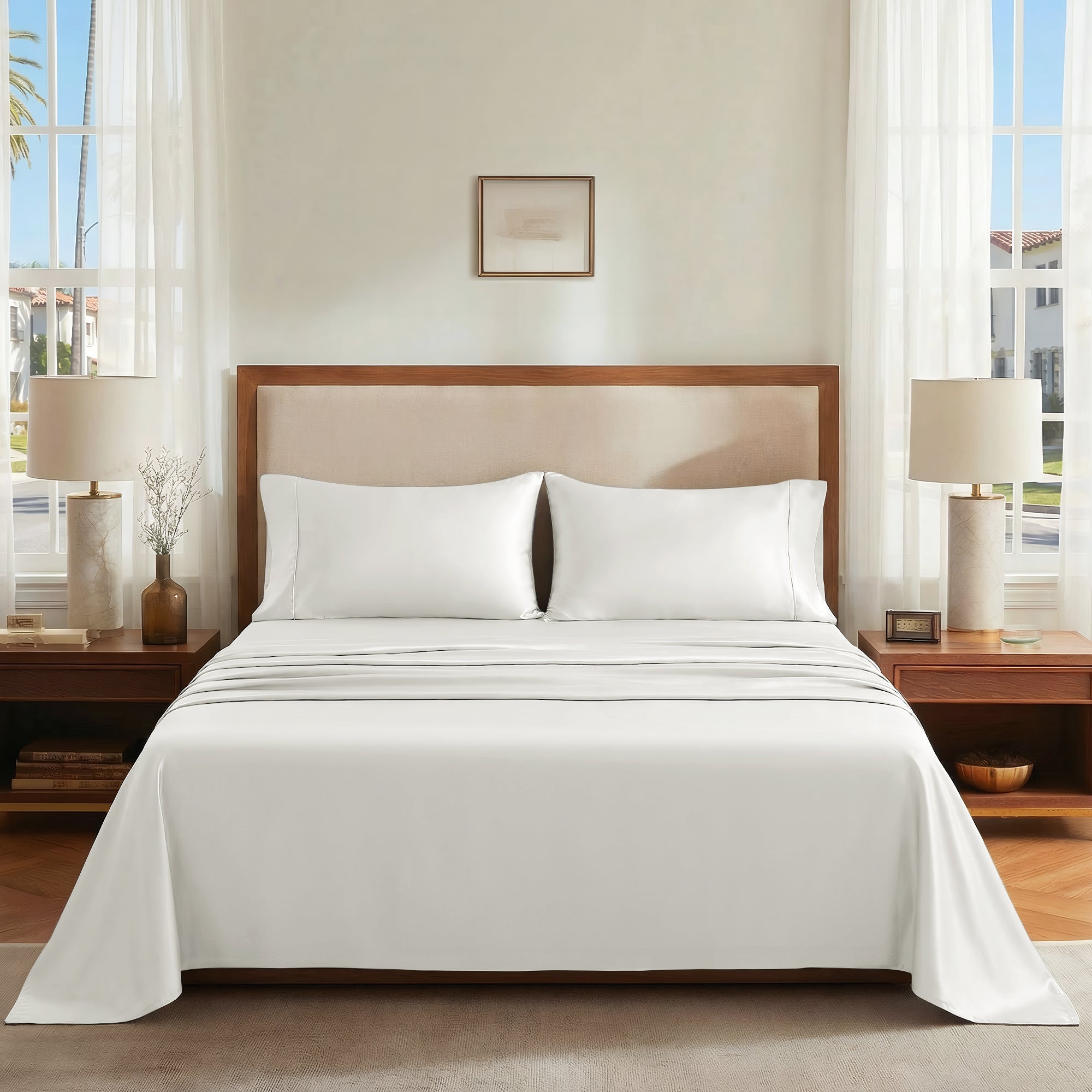 Deconovo Bamboo Viscose Satin Sheet Set, Breathable Cooling Bedding with Fitted Sheet and Pillowcases