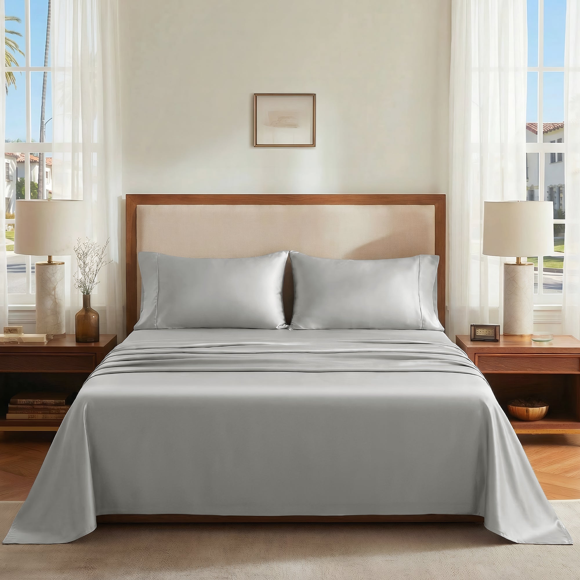 Deconovo Bamboo Viscose Satin Sheet Set, Breathable Cooling Bedding with Fitted Sheet and Pillowcases