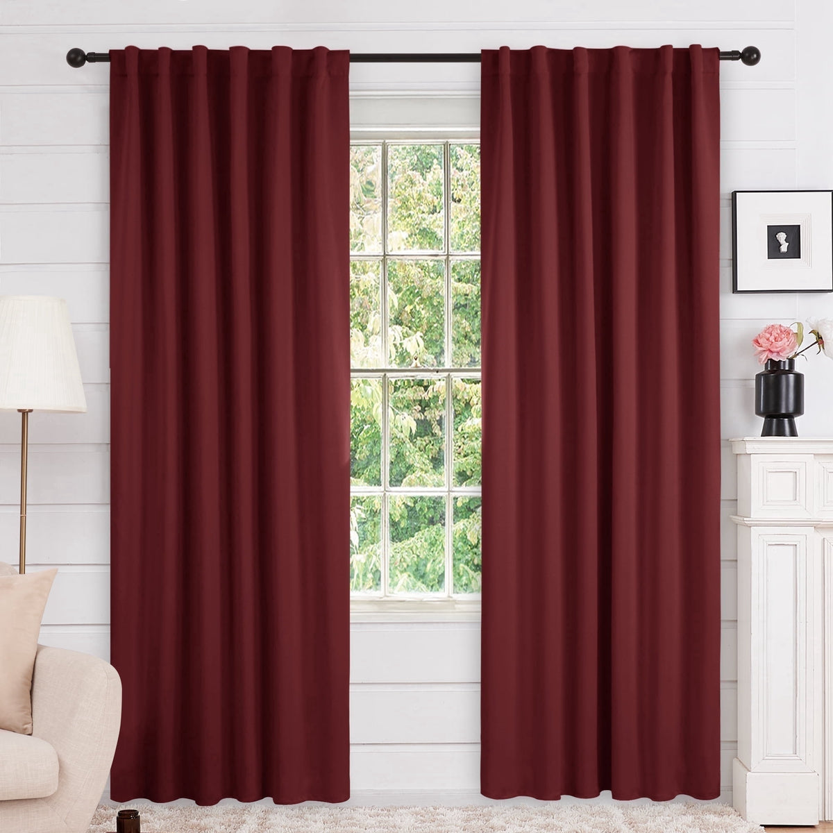 Deconovo Solid Blackout Back Tab and Rod Pocket Curtains, 2 Panels - Burgundy Red, 52 x 84