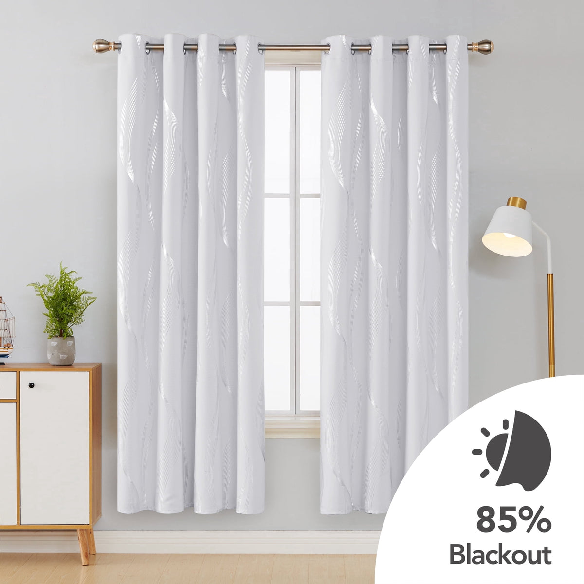 Deconovo Silver Wave Line Foil Print Grommet Blackout Curtains, 2 Panels - Light Greyish White, 52 x 72