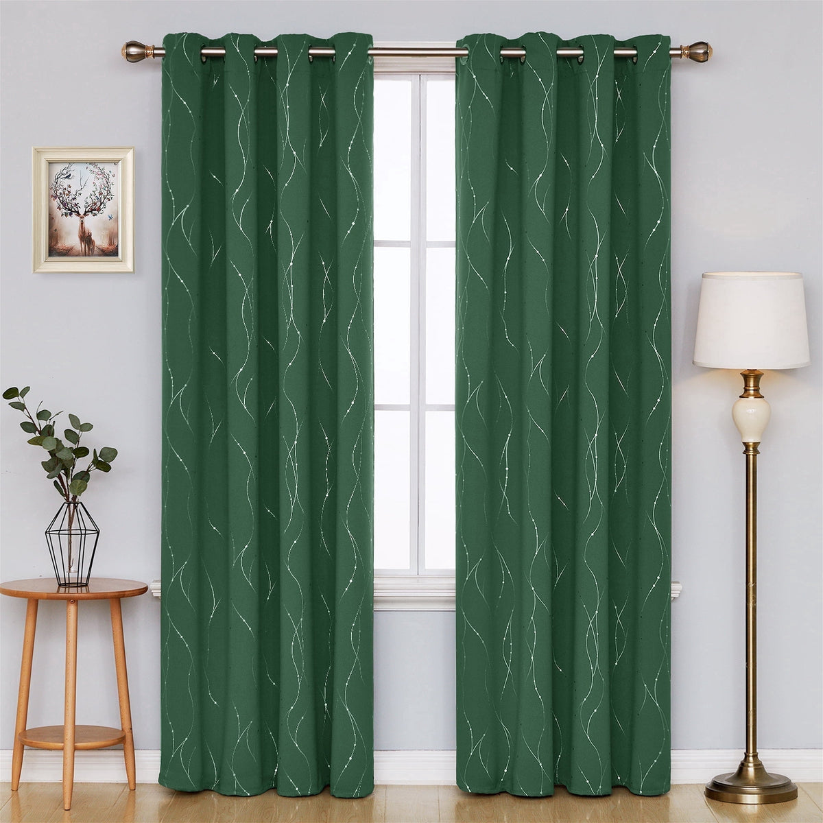 Deconovo Silver Wave and Dots Print Grommet Blackout Curtains, 2 Panels - Dark Forest, 52 x 108