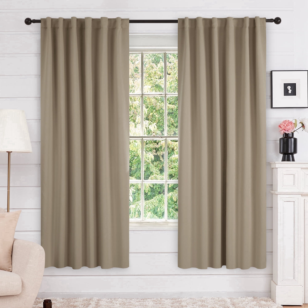 Deconovo Solid Blackout Back Tab and Rod Pocket Curtains, 2 Panels - Khaki, 52 x 72