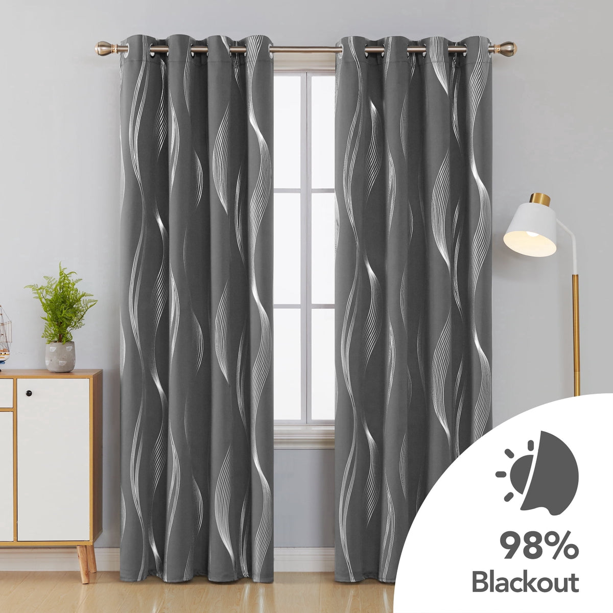 Deconovo Silver Wave Line Foil Print Grommet Blackout Curtains, 2 Panels - Dark Grey, 52 x 95