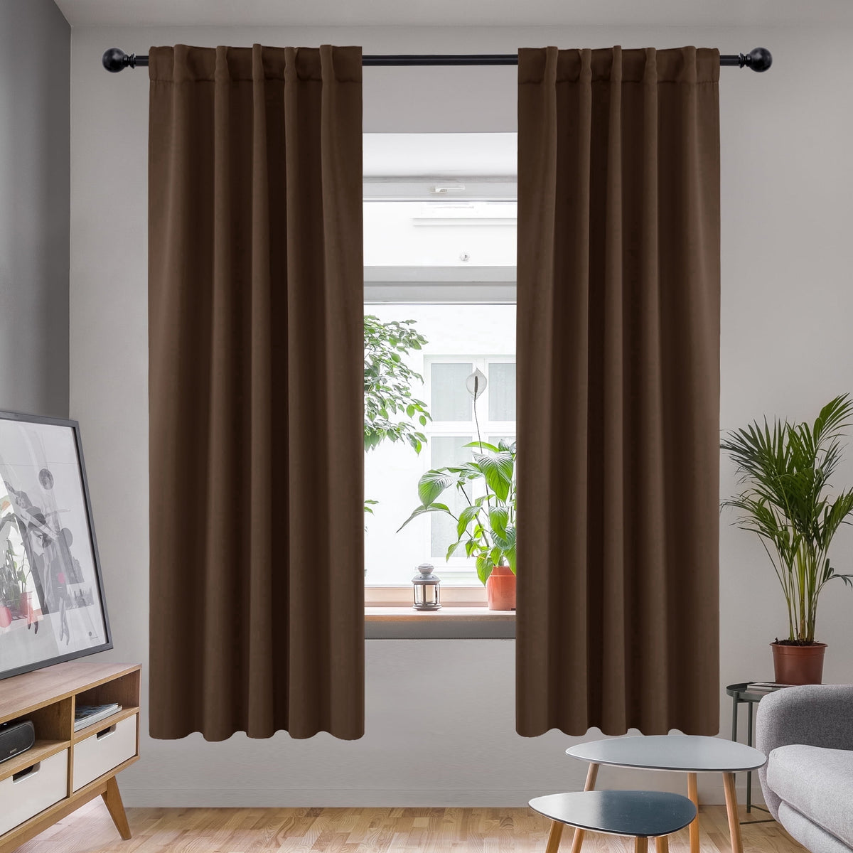 Deconovo Solid Blackout Back Tab and Rod Pocket Curtains, 2 Panels - Brown, 42 x 72