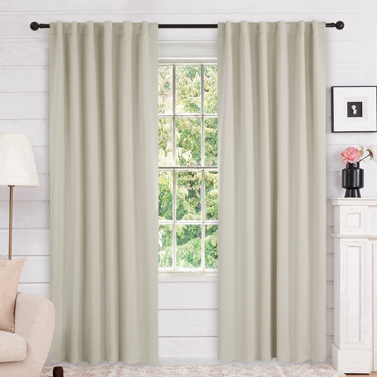 Deconovo Solid Blackout Back Tab and Rod Pocket Curtains, 2 Panels - Light Beige, 52 x 84