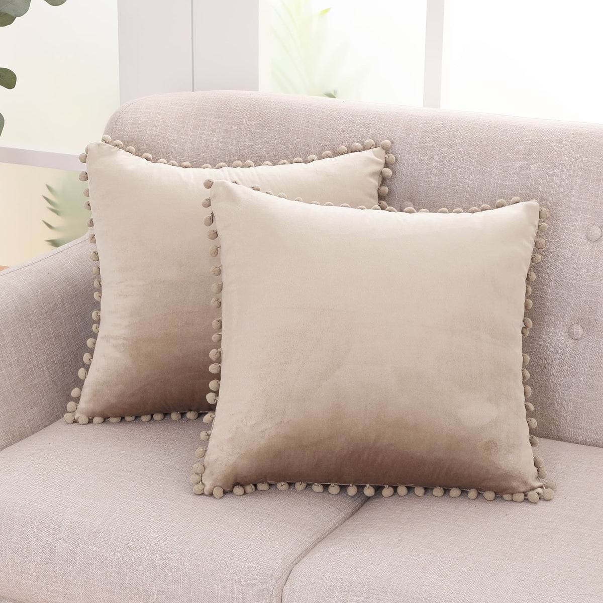 Deconovo Velvet Pom Pom Throw Pillow Covers, 2 Pack - Light Khaki, 20 x 20