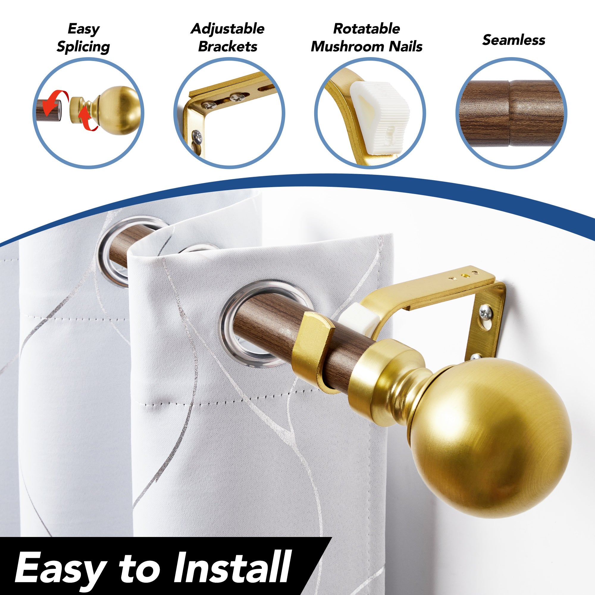 Deconovo 1-Inch Adjustable Curtain Rod with Modern Ball Finials – Includes Mounting Hardware