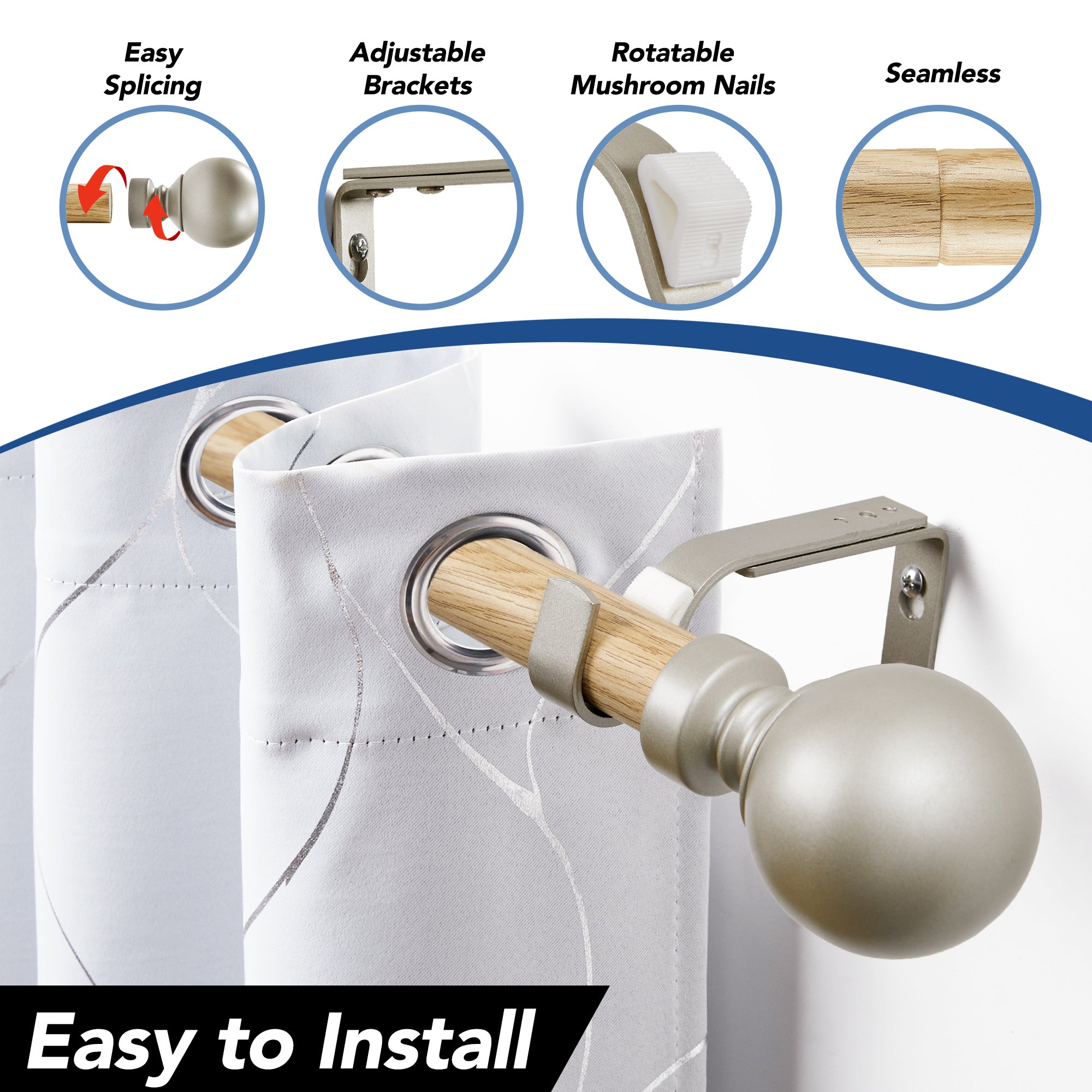 Deconovo 1-Inch Adjustable Curtain Rod with Modern Ball Finials – Includes Mounting Hardware