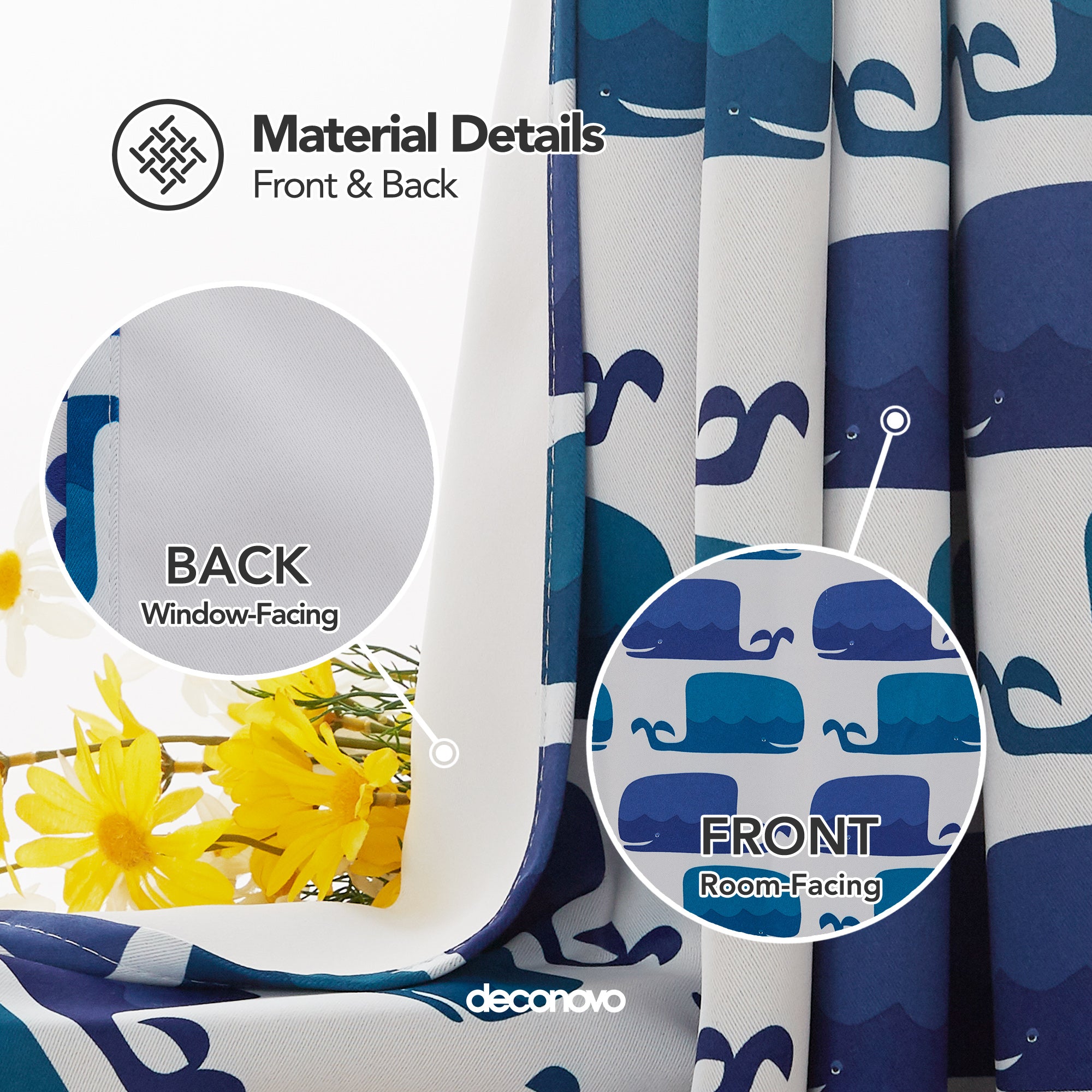 Deconovo Whale Print Blackout Curtains – Thermal Insulated, 2 Panels