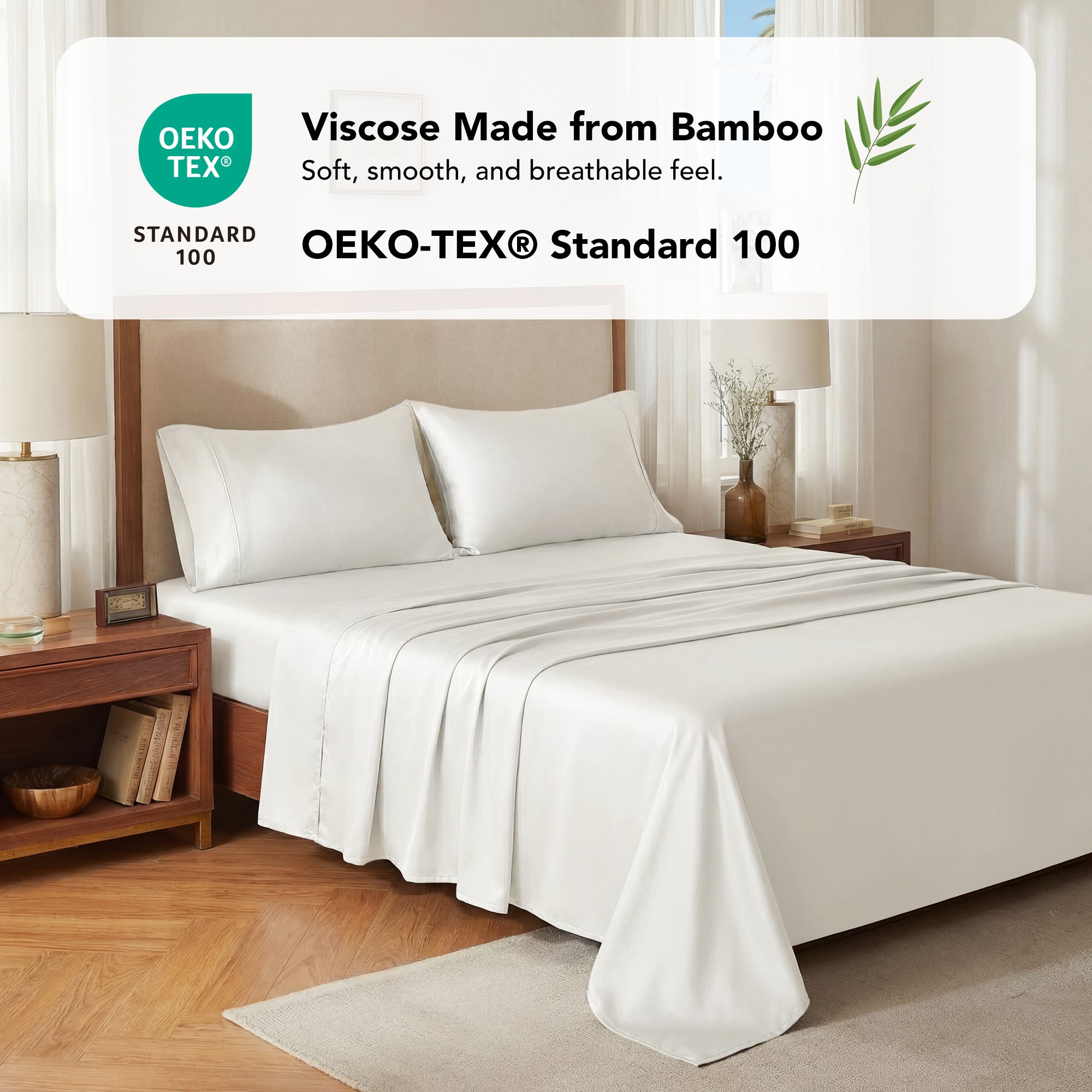 Deconovo Bamboo Viscose Satin Sheet Set, Breathable Cooling Bedding with Fitted Sheet and Pillowcases