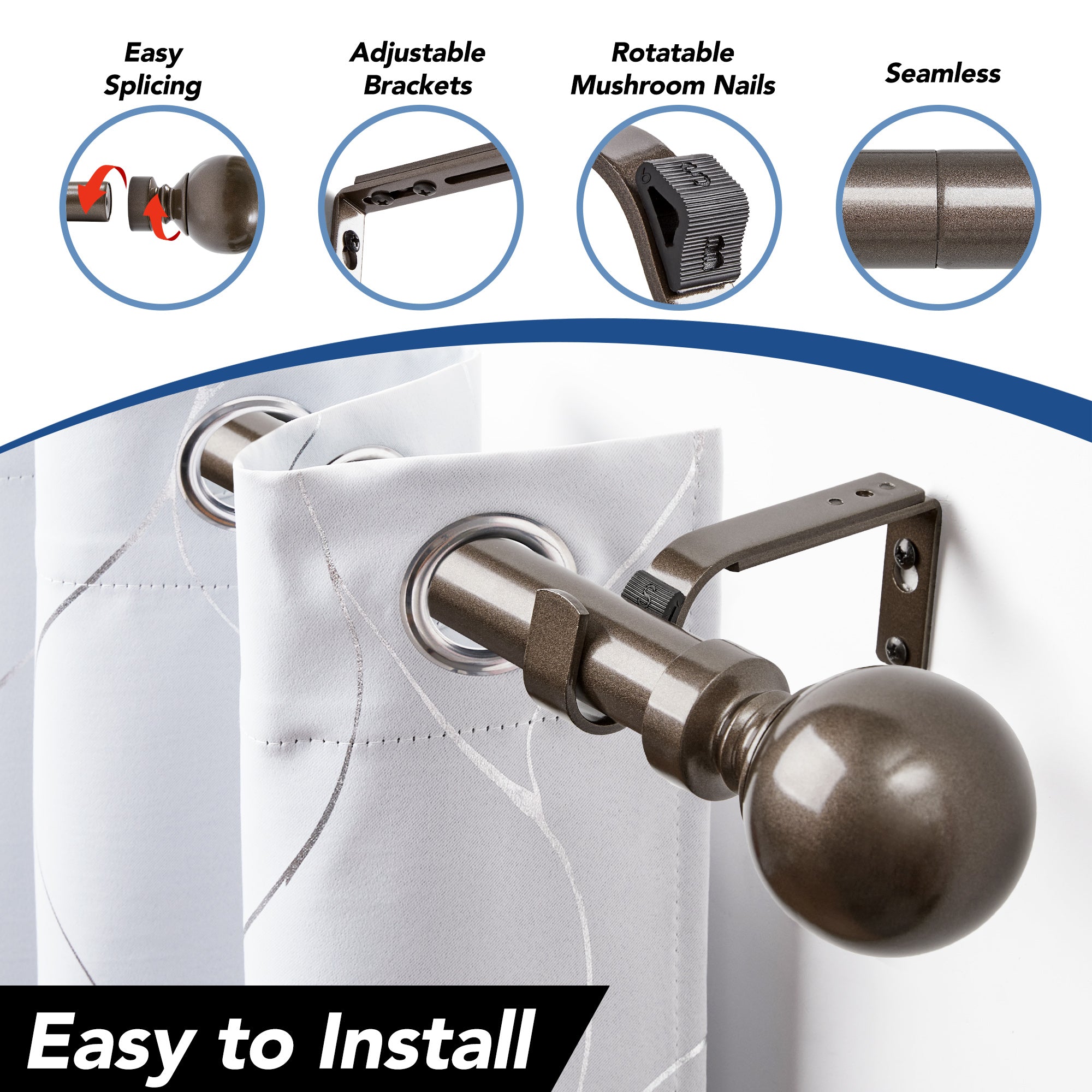 Deconovo 1-Inch Adjustable Curtain Rod with Modern Ball Finials – Includes Mounting Hardware