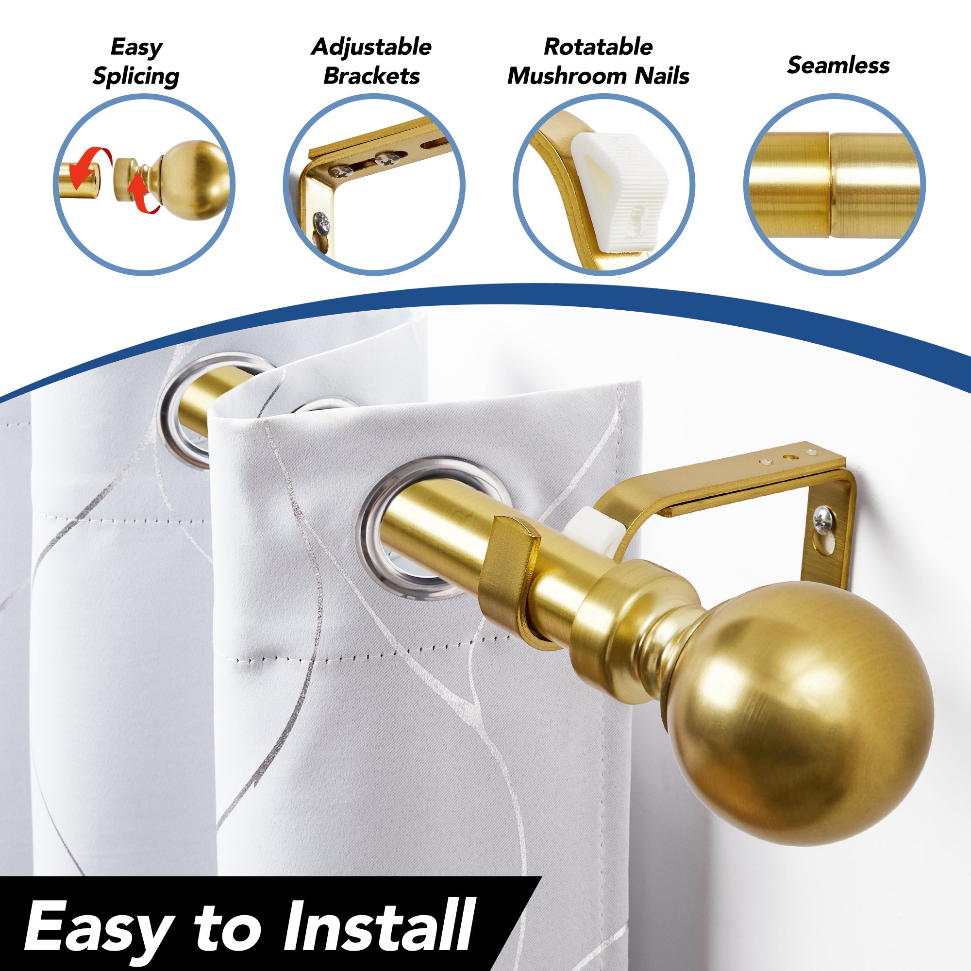 Deconovo 1-Inch Adjustable Curtain Rod with Modern Ball Finials – Includes Mounting Hardware