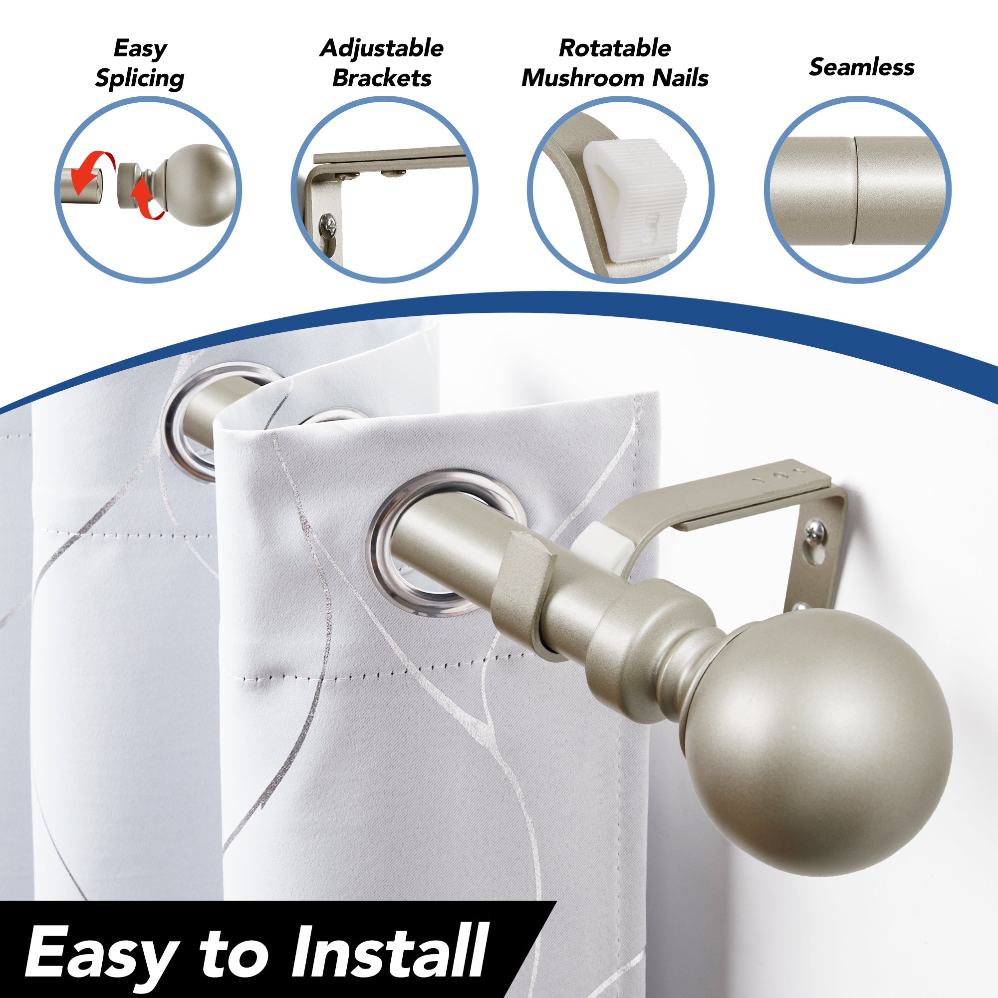 Deconovo 1-Inch Adjustable Curtain Rod with Modern Ball Finials – Includes Mounting Hardware