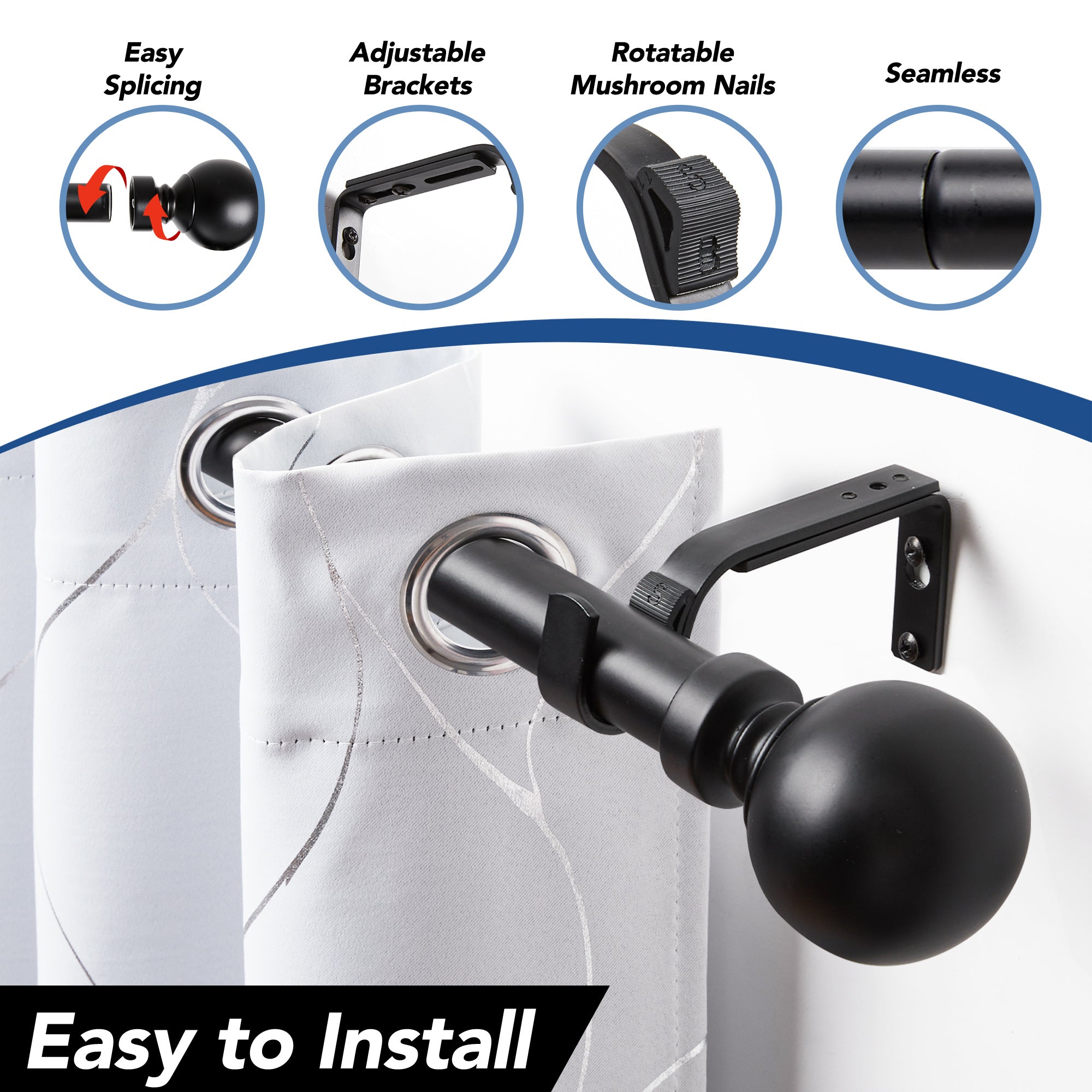 Deconovo 1-Inch Adjustable Curtain Rod with Modern Ball Finials – Includes Mounting Hardware