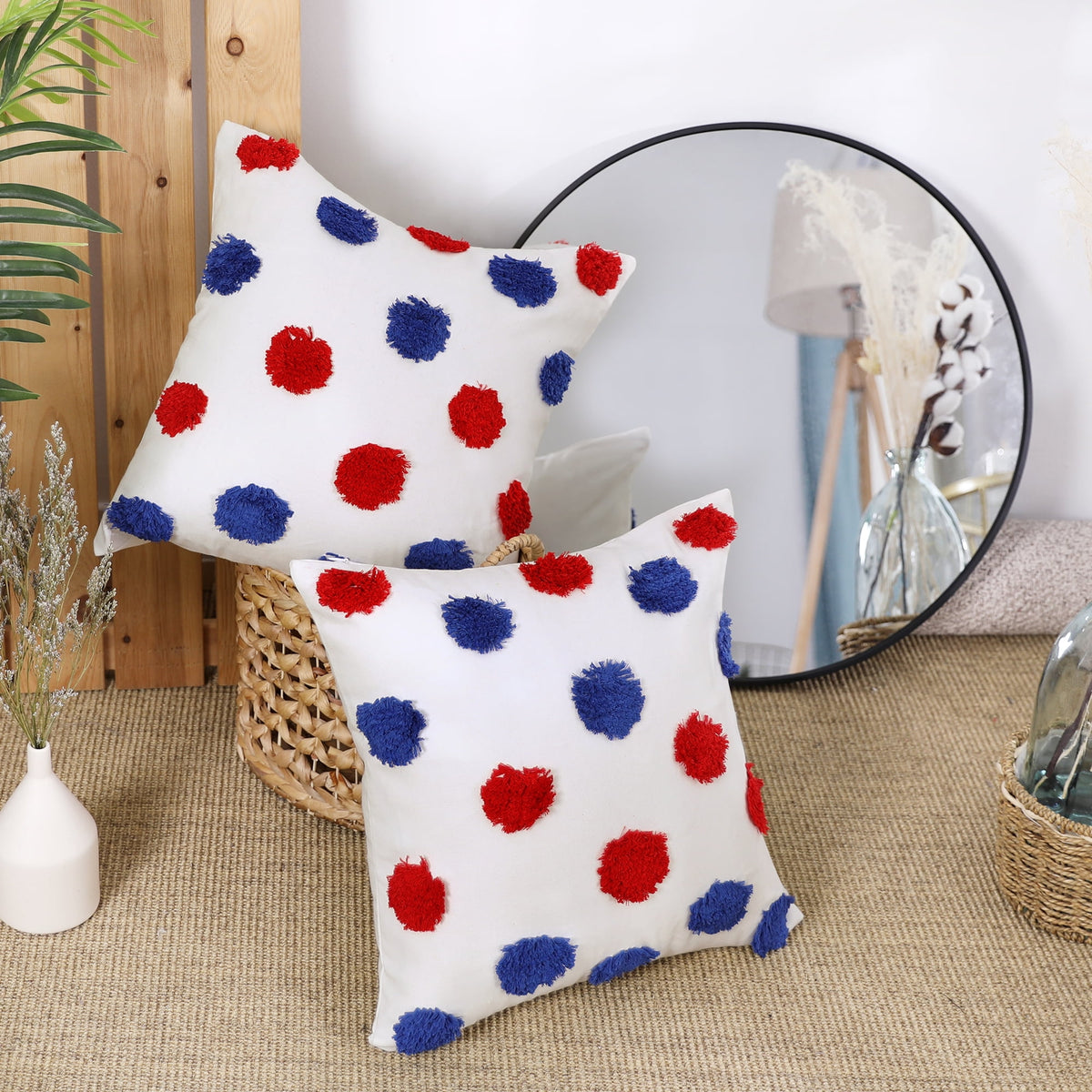 Deconovo Tufted Pom Pom Decorative Pillow Covers, 2 Pack - Blue and Red, 18 x 18