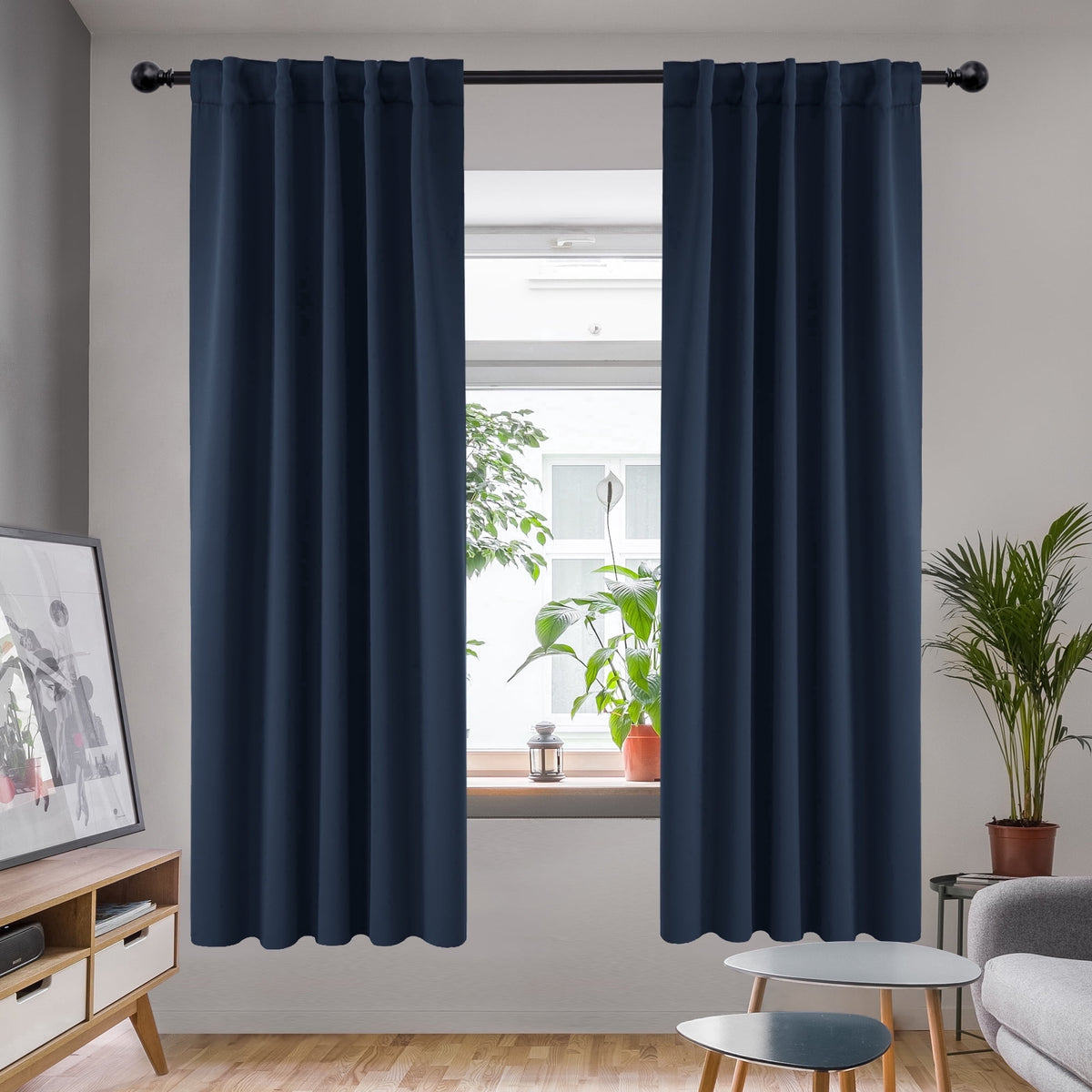 Deconovo Solid Blackout Back Tab and Rod Pocket Curtains, 2 Panels - Navy Blue, 42 x 72