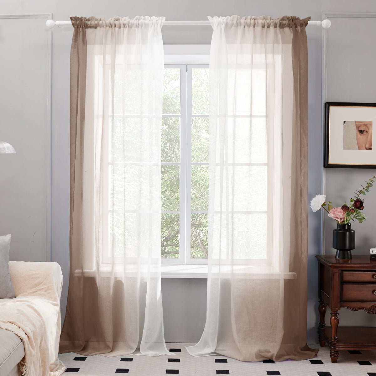 Deconovo Ombre Semi Sheer Rod Pocket Curtains, 2 Panels - Symmetrical-brown, 52 x 84