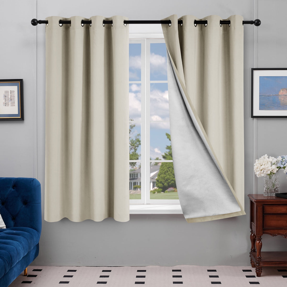 Deconovo Silver Back Coating Grommet Blackout Curtains, 2 Panels - Light Beige, 52 x 63