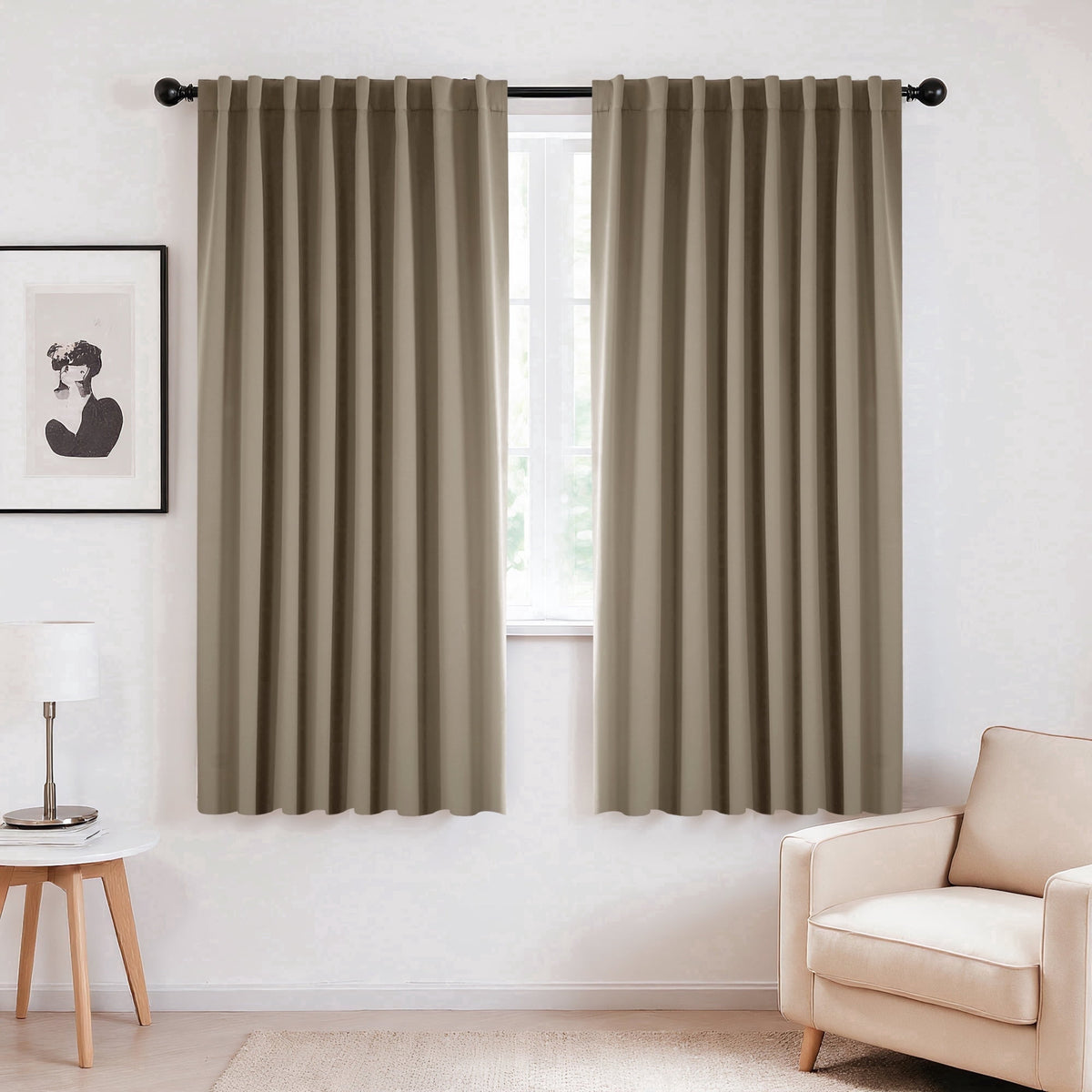 Deconovo Solid Blackout Back Tab and Rod Pocket Curtains, 2 Panels - Khaki, 70 x 72