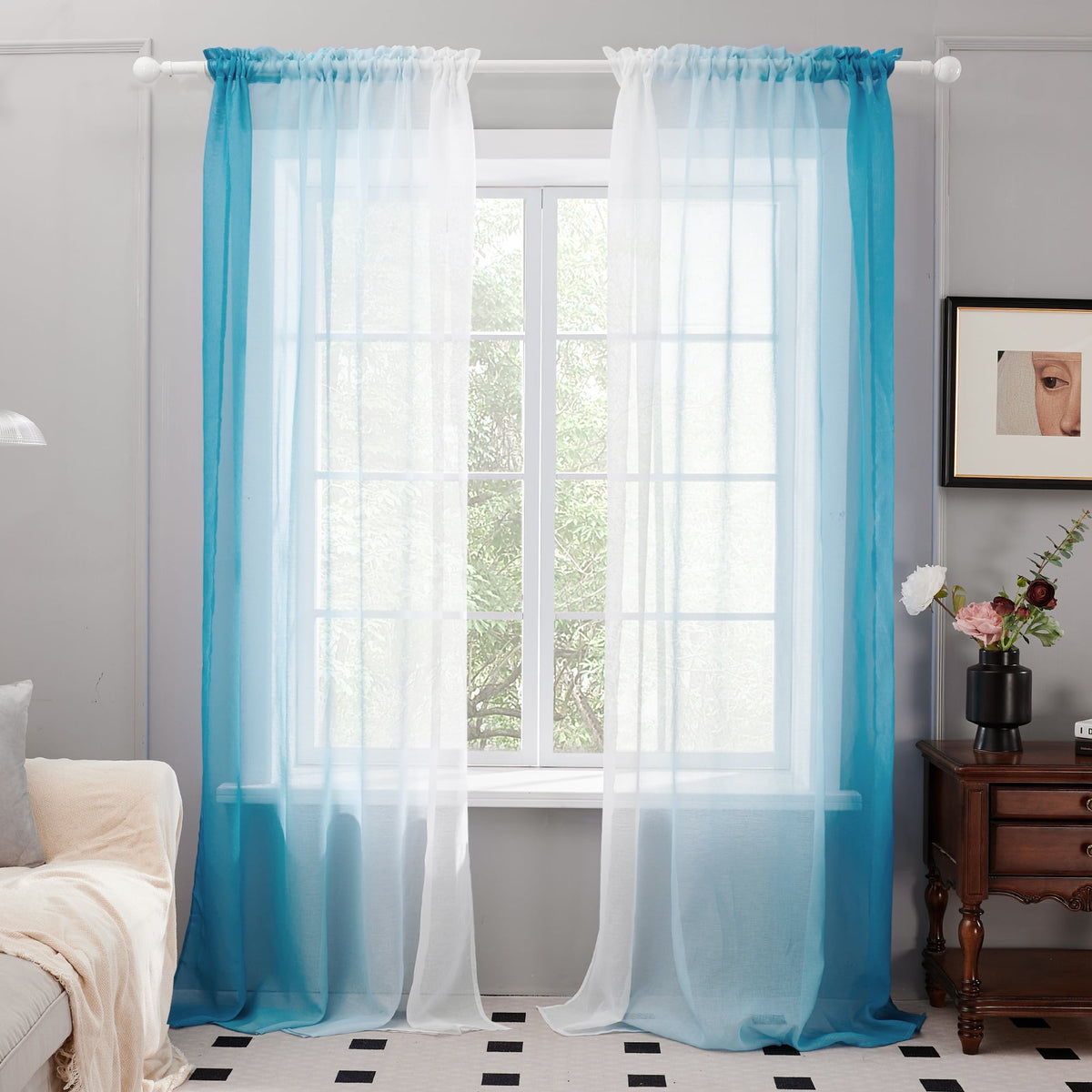 Deconovo Ombre Semi Sheer Rod Pocket Curtains, 2 Panels - Symmetrical-blue, 52 x 84
