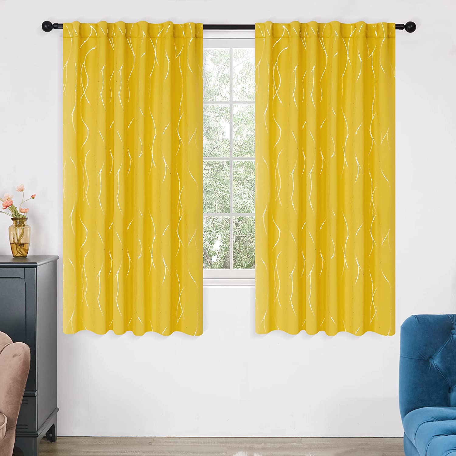 Deconovo Back Tab Silver Lines with Dots Curtain Panel Pairs(2 Panel)