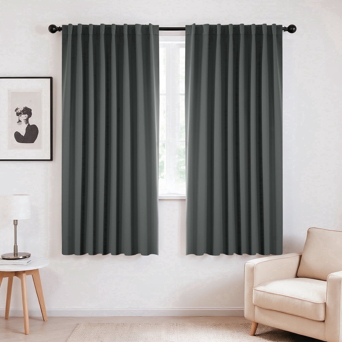 Deconovo Solid Blackout Back Tab and Rod Pocket Curtains, 2 Panels - Dark Gray, 70 x 72