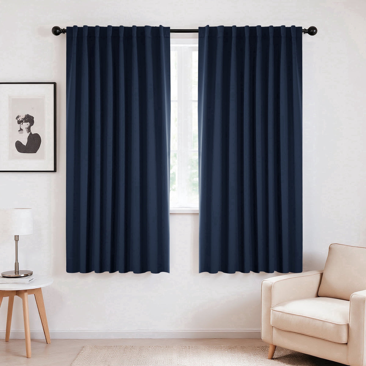 Deconovo Solid Blackout Back Tab and Rod Pocket Curtains, 2 Panels - Navy Blue, 70 x 72