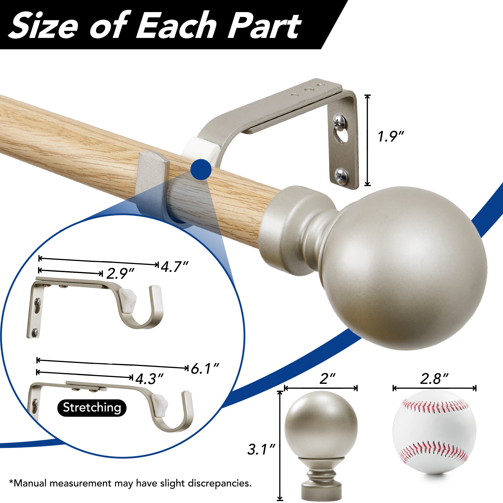 Deconovo 1-Inch Adjustable Curtain Rod with Modern Ball Finials – Includes Mounting Hardware