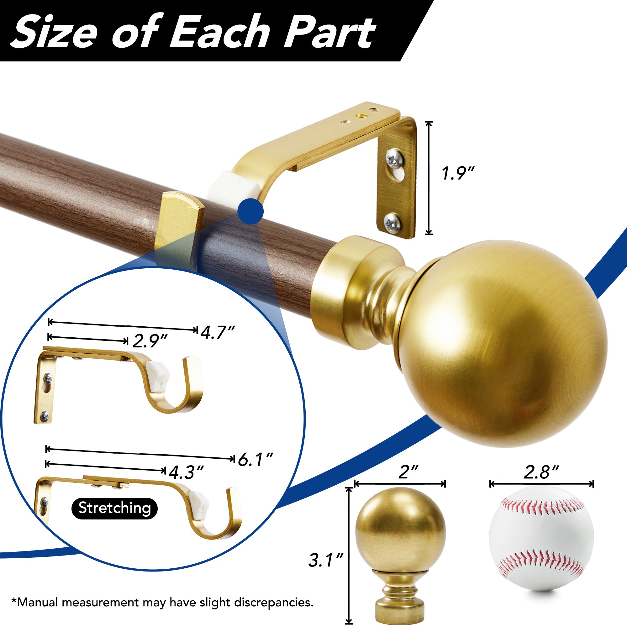 Deconovo 1-Inch Adjustable Curtain Rod with Modern Ball Finials – Includes Mounting Hardware